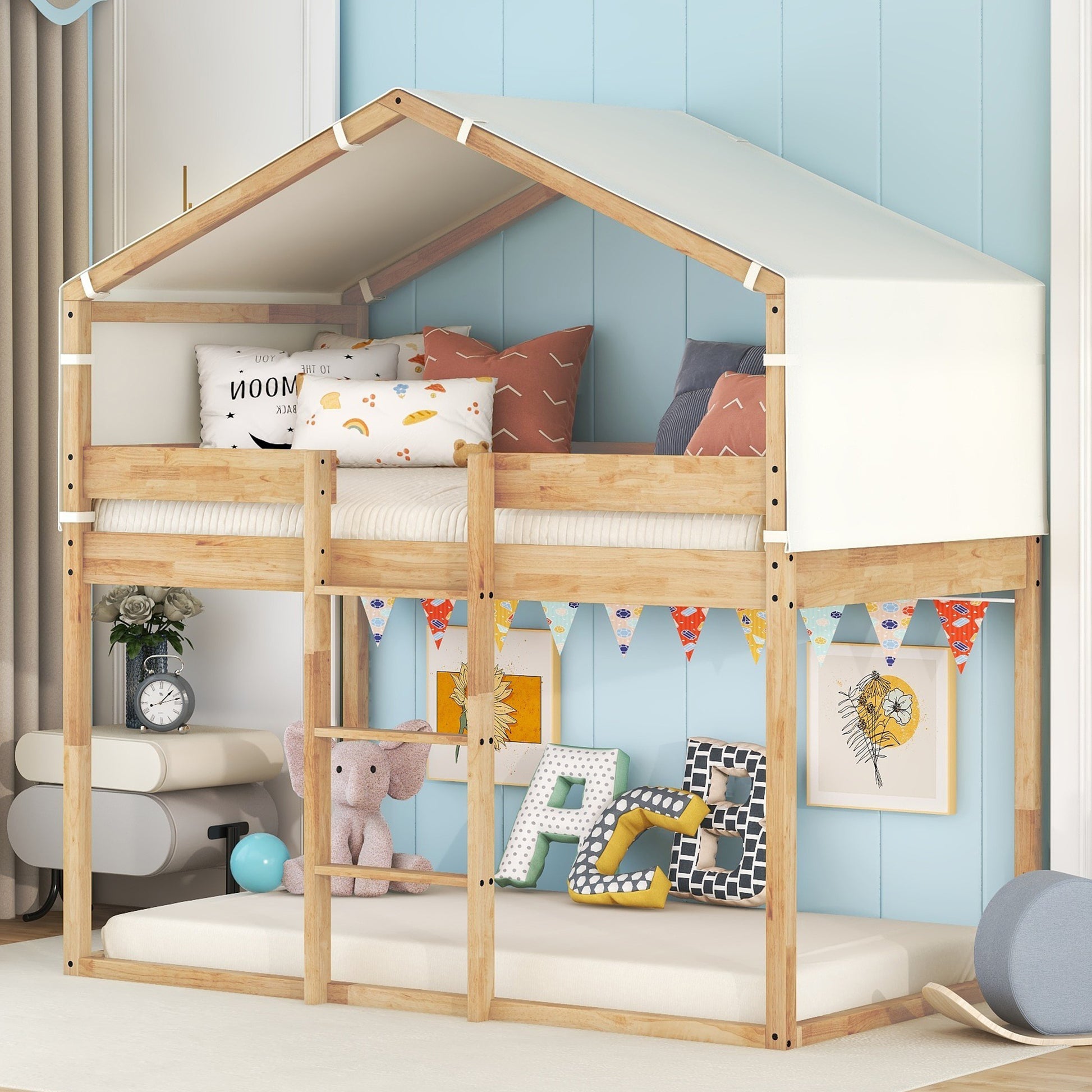 bunk beds for tents Twin Over Twin Bunk Bed Wood Bed With Tent, Natural Natural Solid Wood