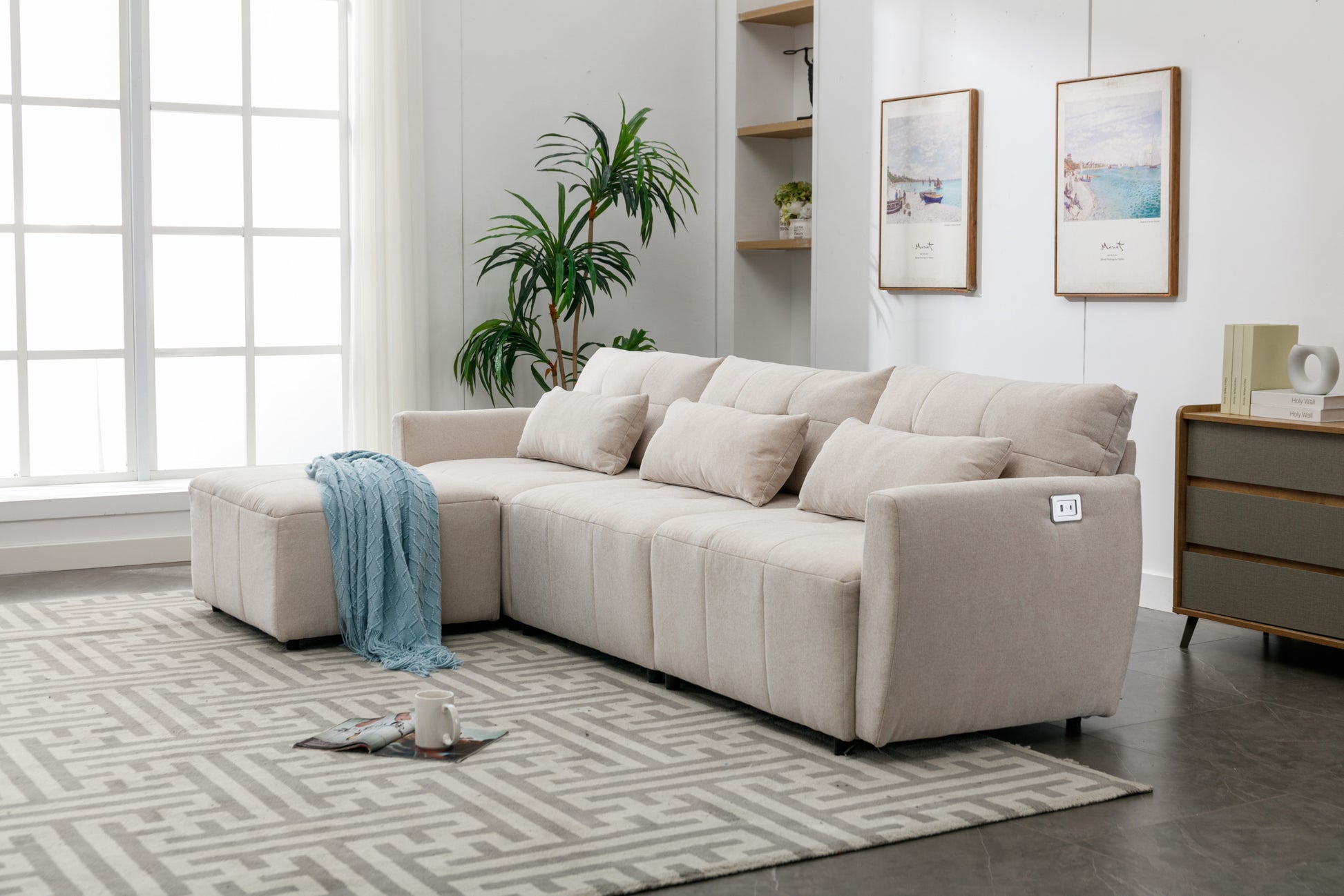 113.3" Convertible Sectional Sofa Couch 3 Seat L Shaped Sofa With Movable Ottoman And Usb For Apartment, Living Room, Bedroom, Beige Beige Chenille 3 Seat