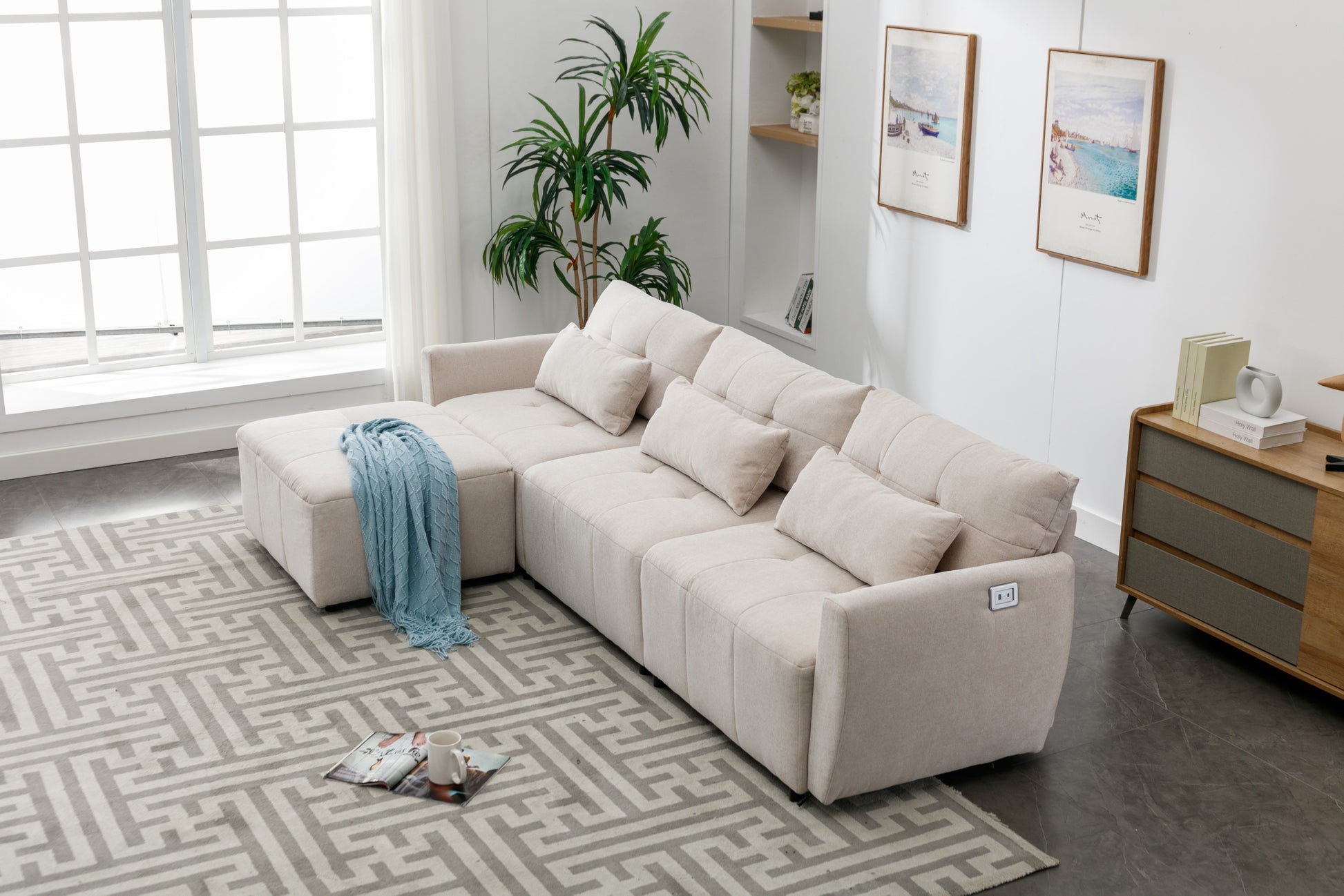 113.3" Convertible Sectional Sofa Couch 3 Seat L Shaped Sofa With Movable Ottoman And Usb For Apartment, Living Room, Bedroom, Beige Beige Chenille 3 Seat