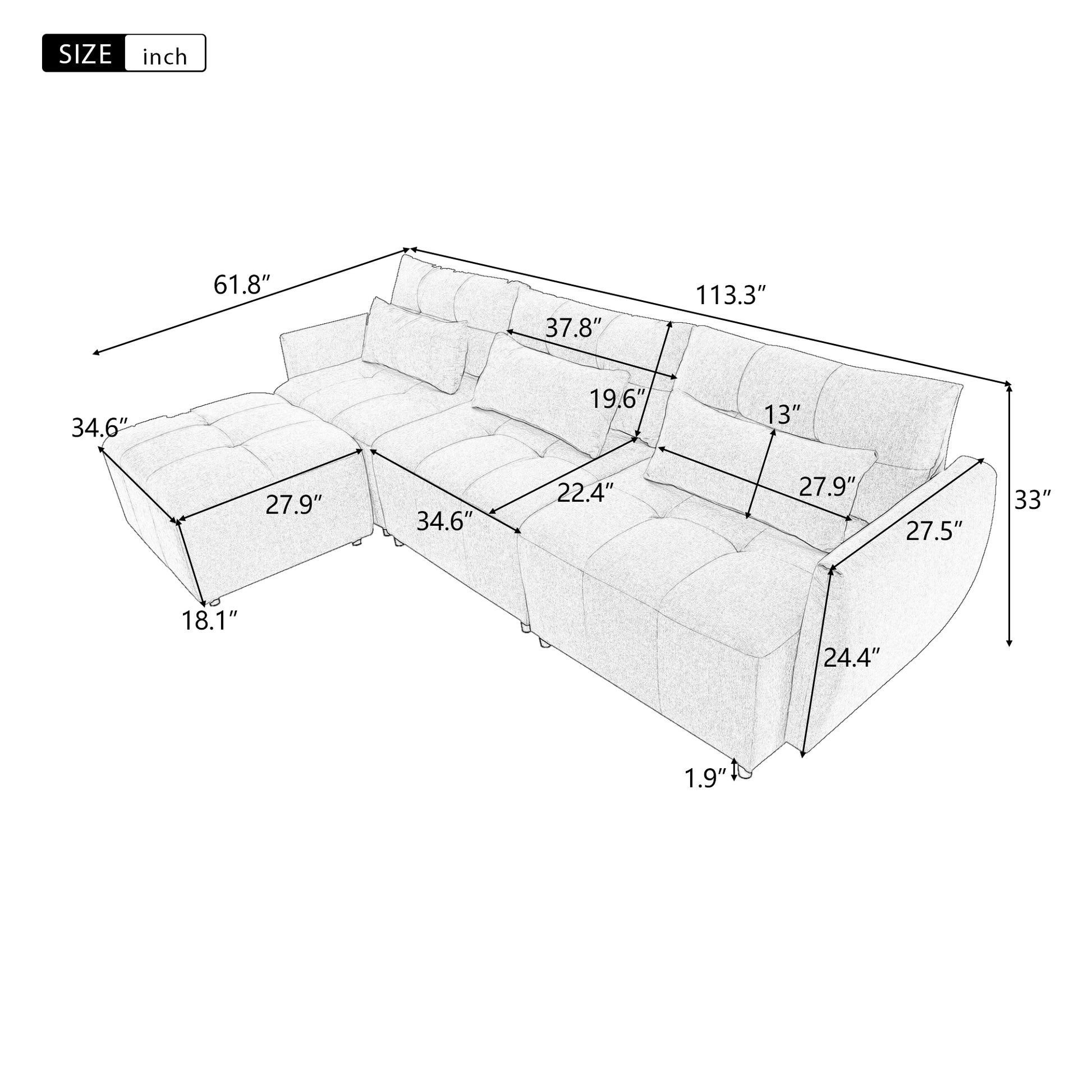 113.3" Convertible Sectional Sofa Couch 3 Seat L Shaped Sofa With Movable Ottoman And Usb For Apartment, Living Room, Bedroom, Beige Beige Chenille 3 Seat