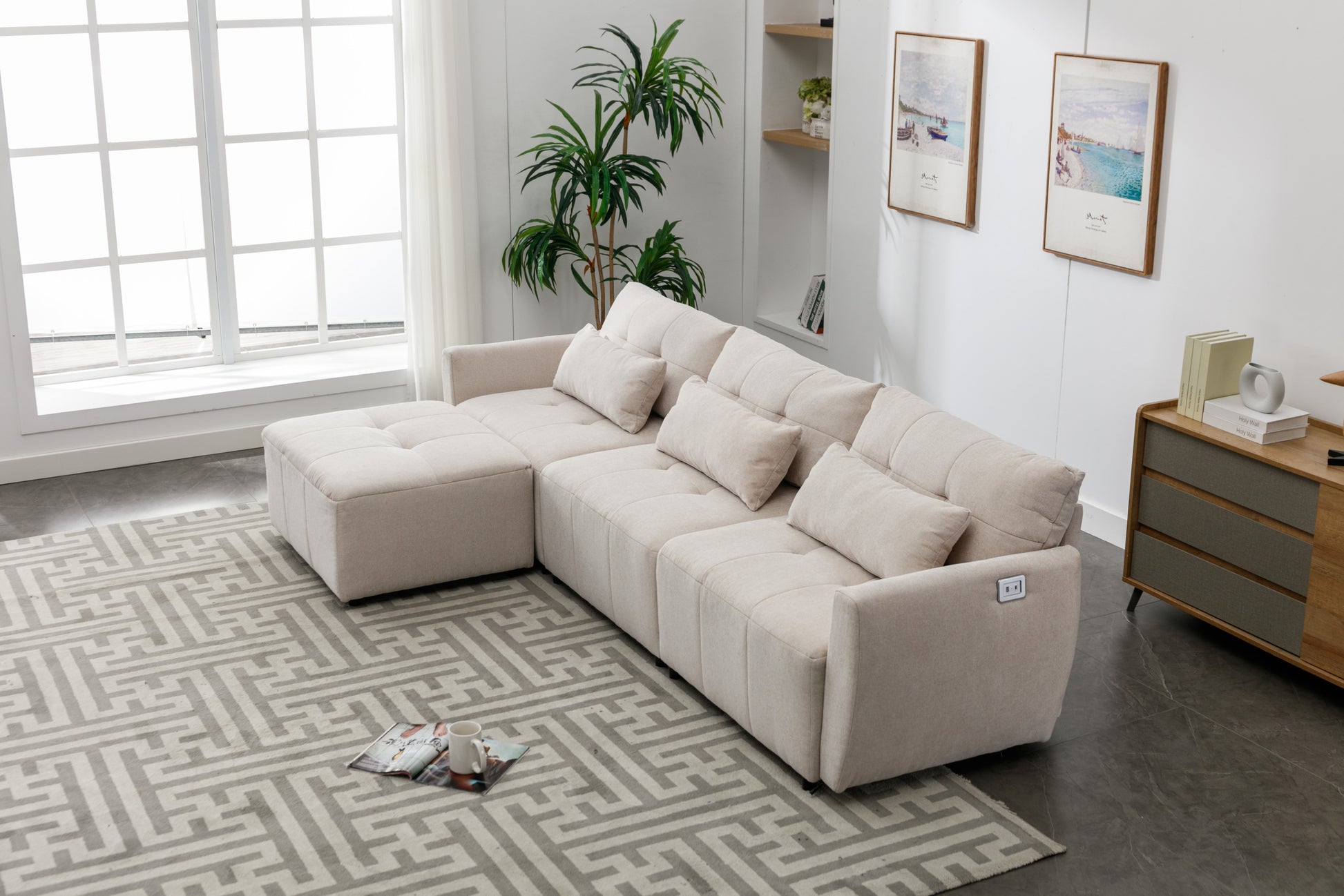 113.3" Convertible Sectional Sofa Couch 3 Seat L Shaped Sofa With Movable Ottoman And Usb For Apartment, Living Room, Bedroom, Beige Beige Chenille 3 Seat