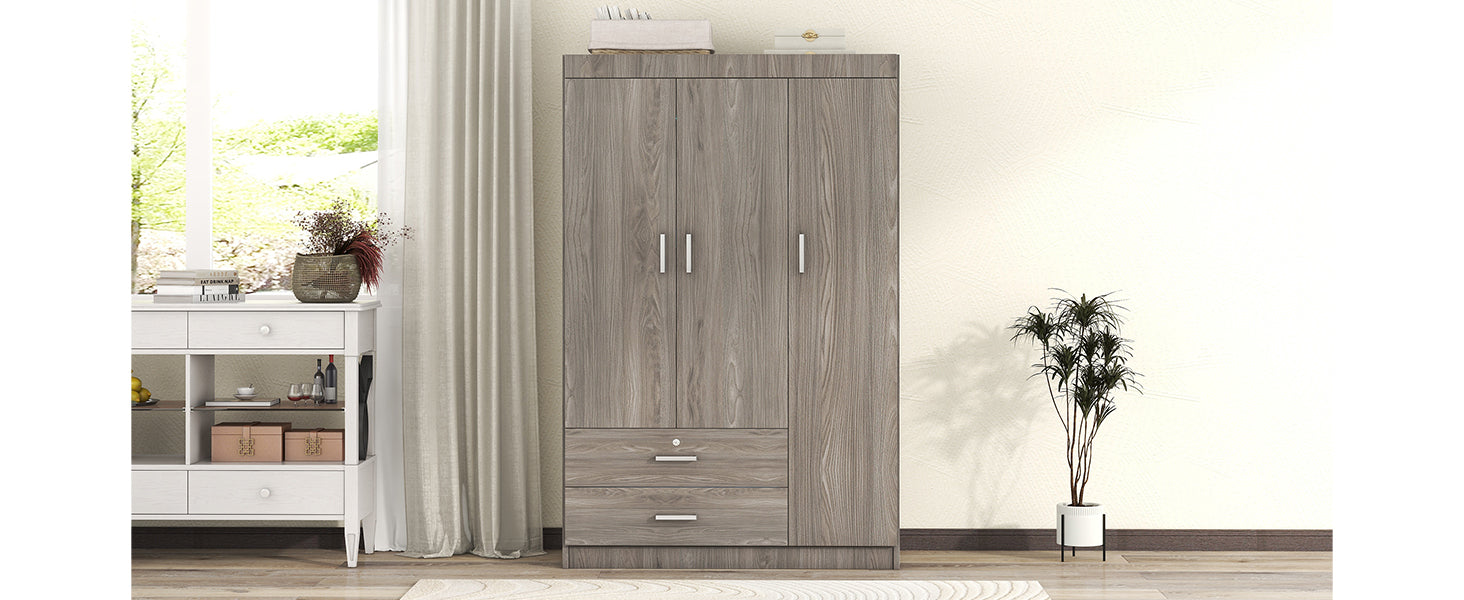 3 Door Wardrobe With 2 Drawers, Wood Grain Effect In Gray Hinged Gray Gray Shelf 2 Drawers Bedroom Ball Bearing Glides Contemporary 3 Lockable Mdf