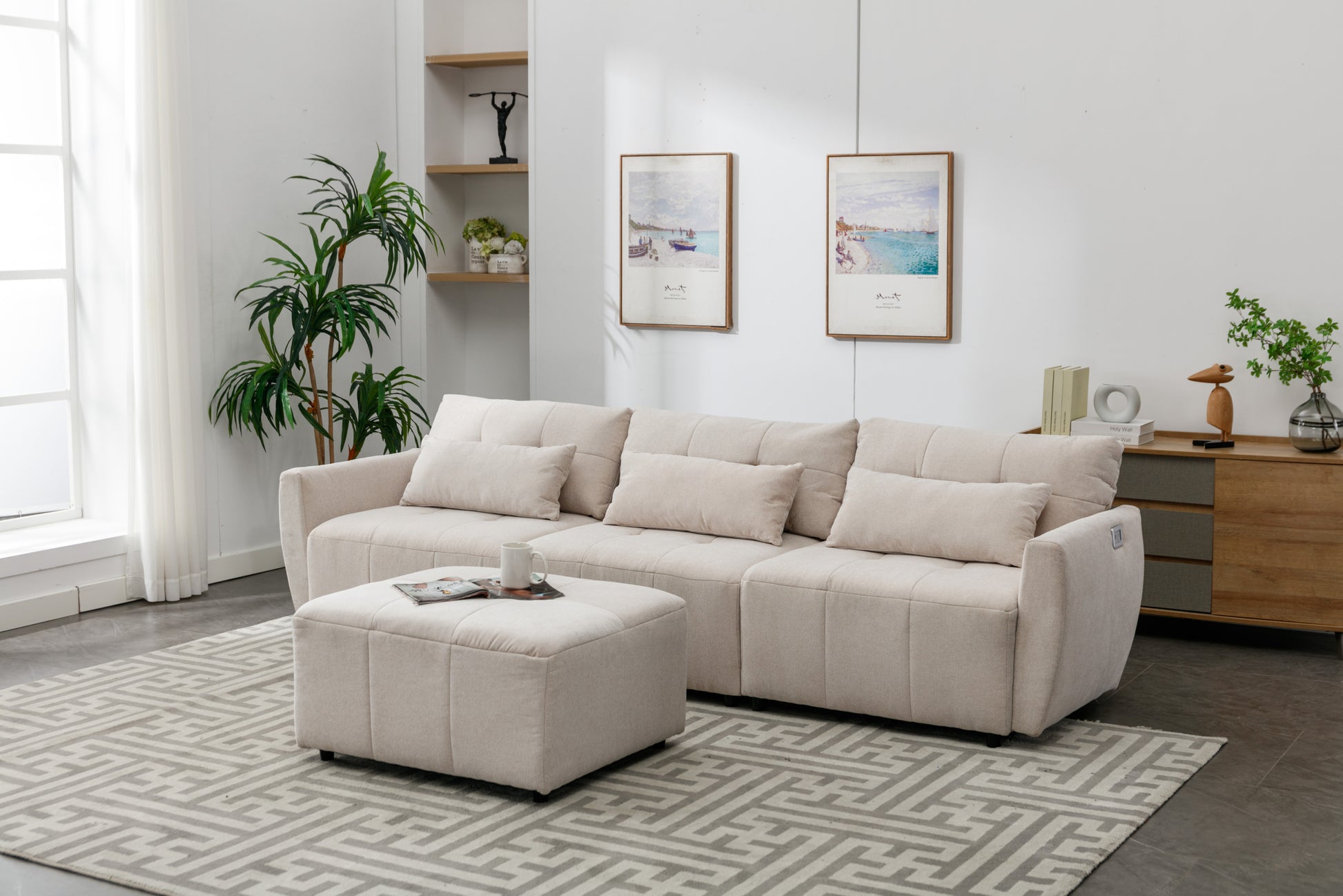 113.3" Convertible Sectional Sofa Couch 3 Seat L Shaped Sofa With Movable Ottoman And Usb For Apartment, Living Room, Bedroom, Beige Beige Chenille 3 Seat