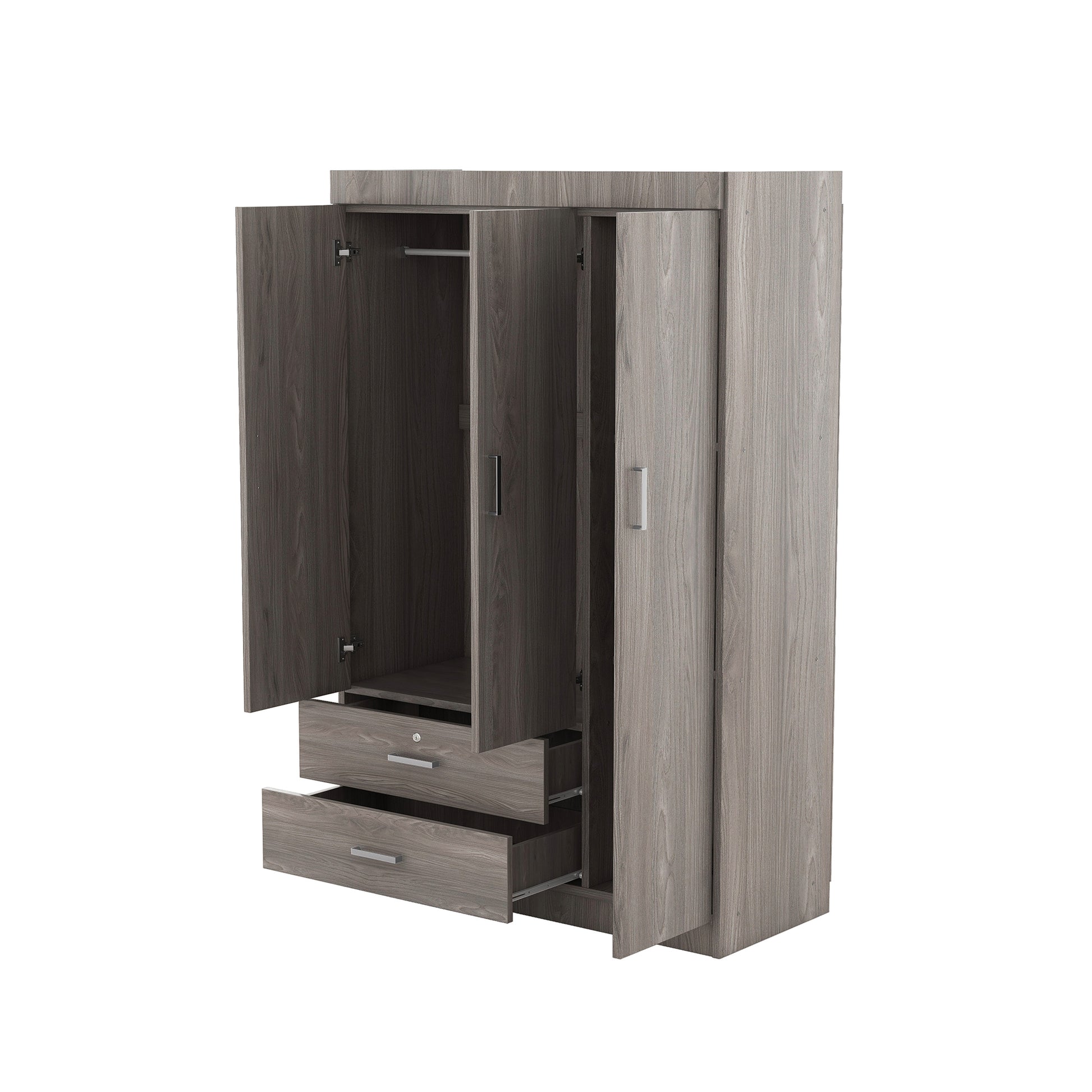 3 Door Wardrobe With 2 Drawers, Wood Grain Effect In Gray Hinged Gray Gray Shelf 2 Drawers Bedroom Ball Bearing Glides Contemporary 3 Lockable Mdf