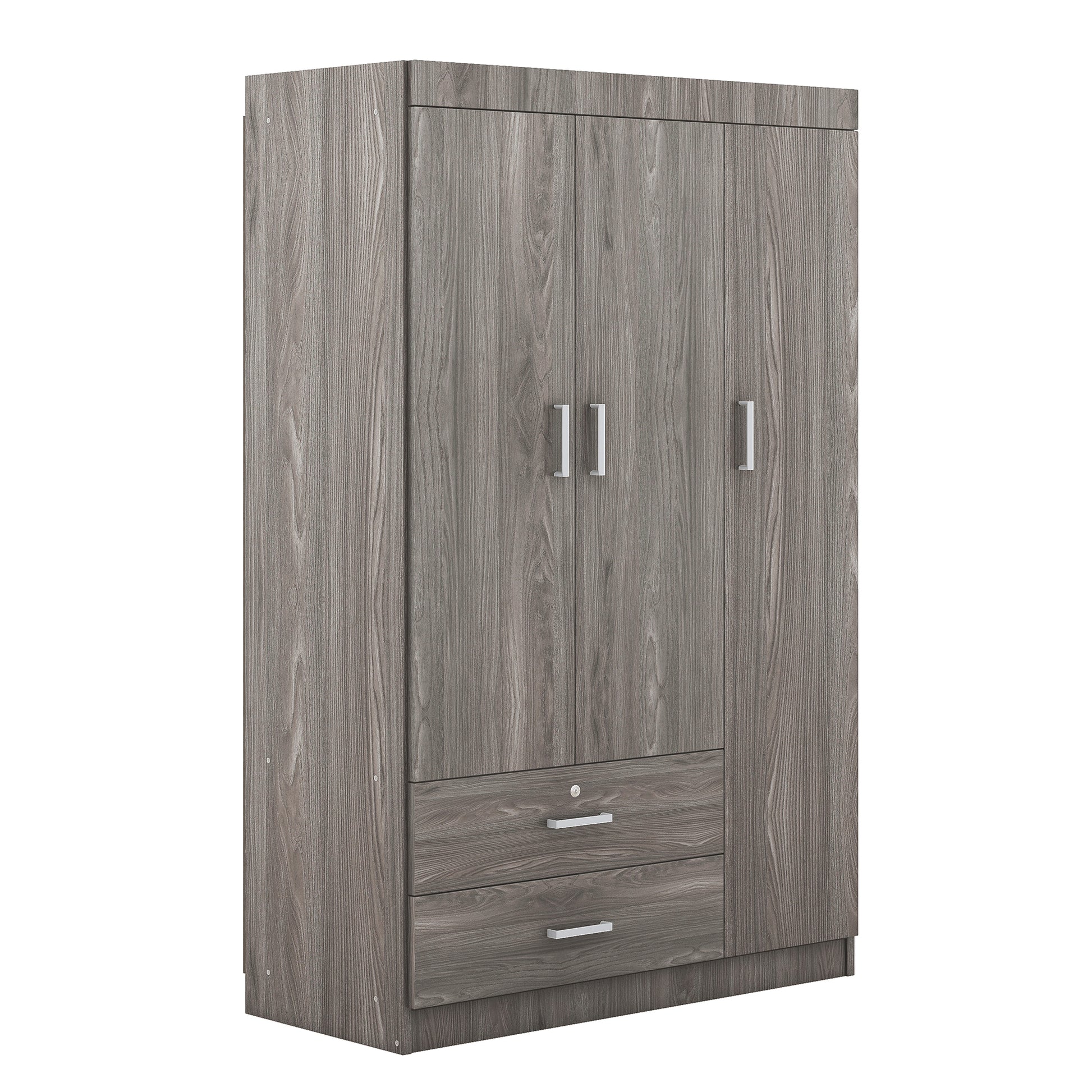 3 Door Wardrobe With 2 Drawers, Wood Grain Effect In Gray Hinged Gray Gray Shelf 2 Drawers Bedroom Ball Bearing Glides Contemporary 3 Lockable Mdf