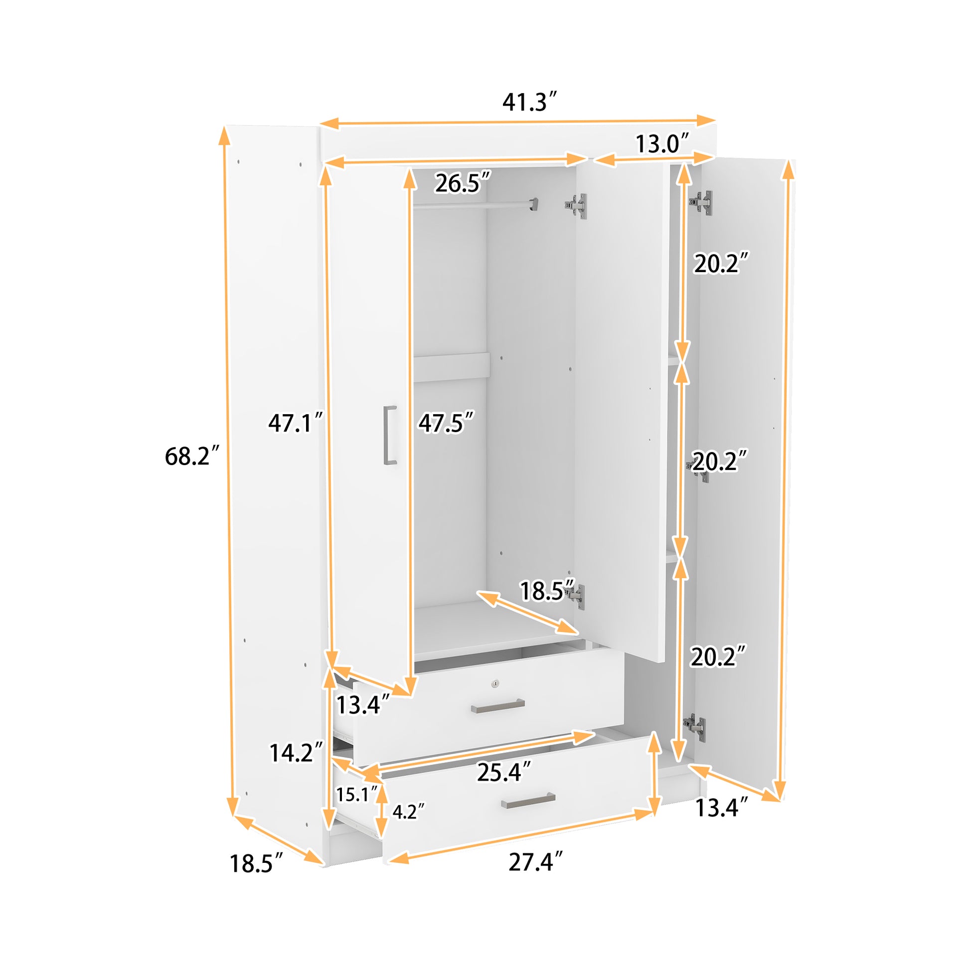 3 Door Wardrobe With 2 Drawers, White Hinged White White Shelf 2 Drawers Bedroom Ball Bearing Glides Contemporary 3 Lockable Mdf