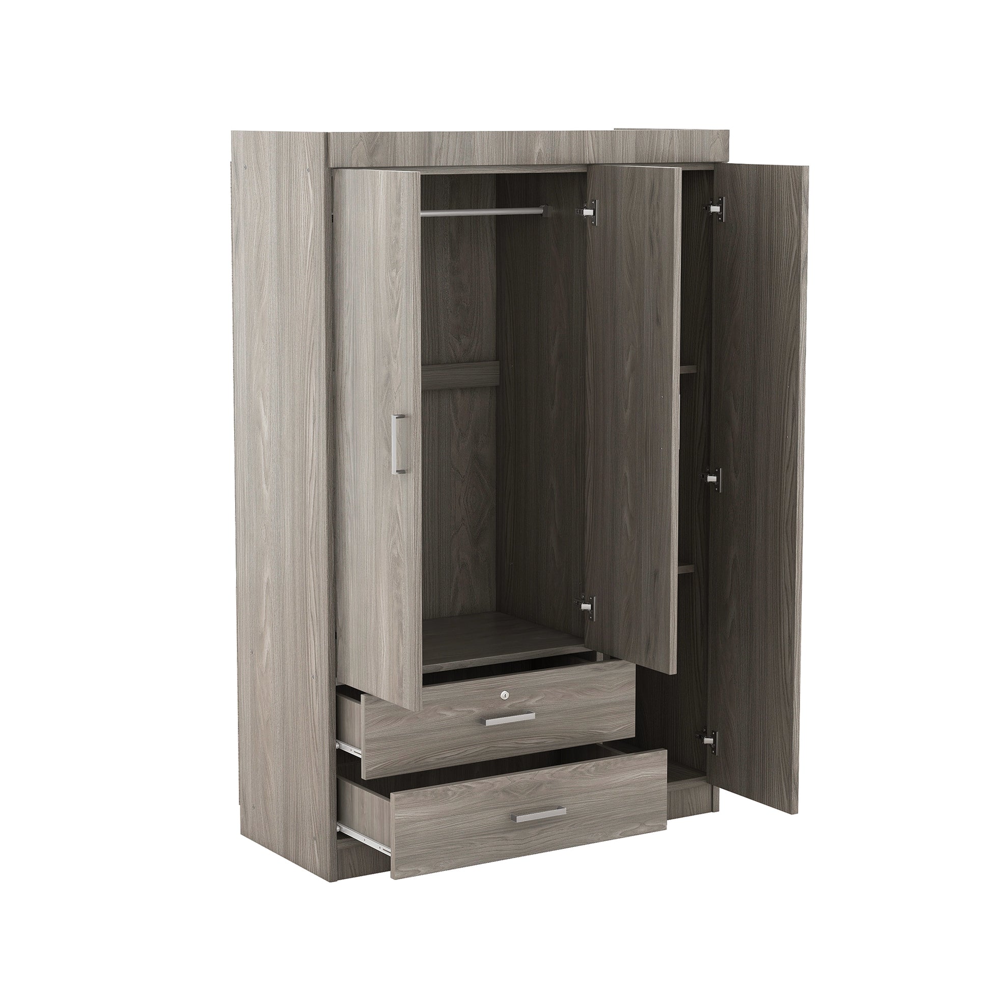 3 Door Wardrobe With 2 Drawers, Wood Grain Effect In Gray Hinged Gray Gray Shelf 2 Drawers Bedroom Ball Bearing Glides Contemporary 3 Lockable Mdf