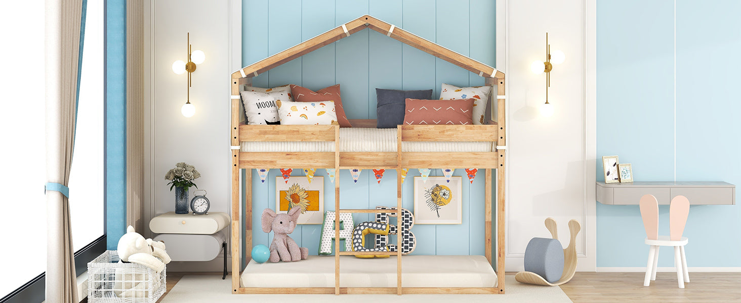 Twin Over Twin Bunk Bed Wood Bed With Tent, Natural Natural Solid Wood