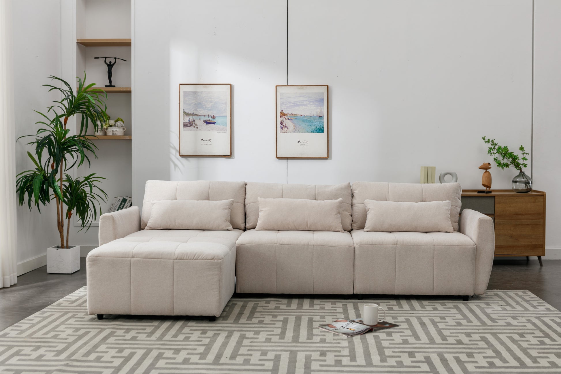 113.3" Convertible Sectional Sofa Couch 3 Seat L Shaped Sofa With Movable Ottoman And Usb For Apartment, Living Room, Bedroom, Beige Beige Chenille 3 Seat