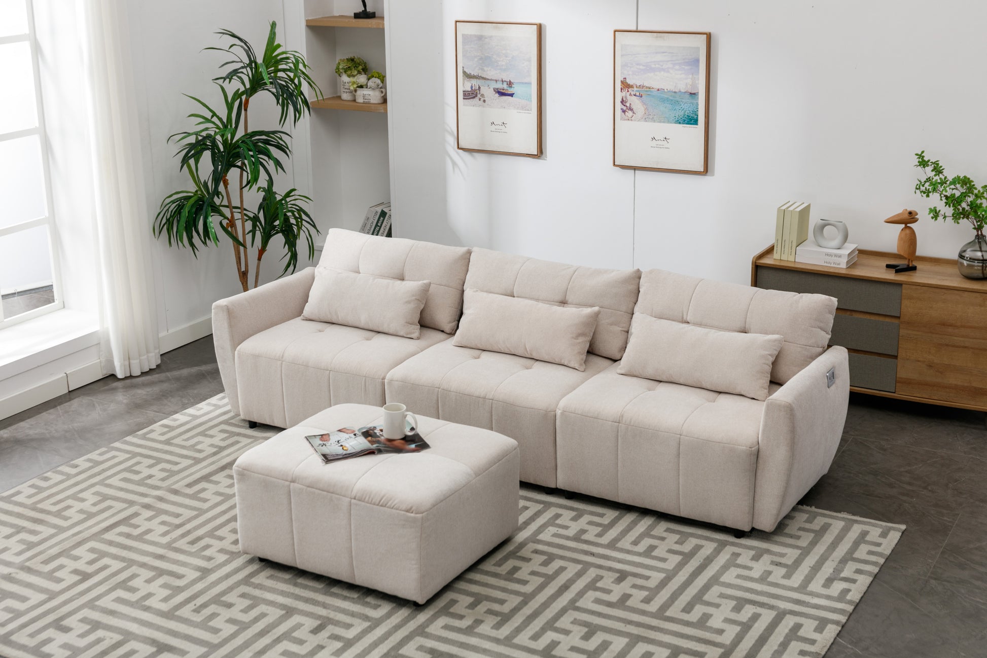 113.3" Convertible Sectional Sofa Couch 3 Seat L Shaped Sofa With Movable Ottoman And Usb For Apartment, Living Room, Bedroom, Beige Beige Chenille 3 Seat