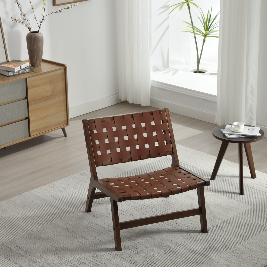 Hengming Saddle Leather Woven Leisure Chair, Solid Wood Legs, Suitable For Living Room, Study Or Balcony Brown Pvc