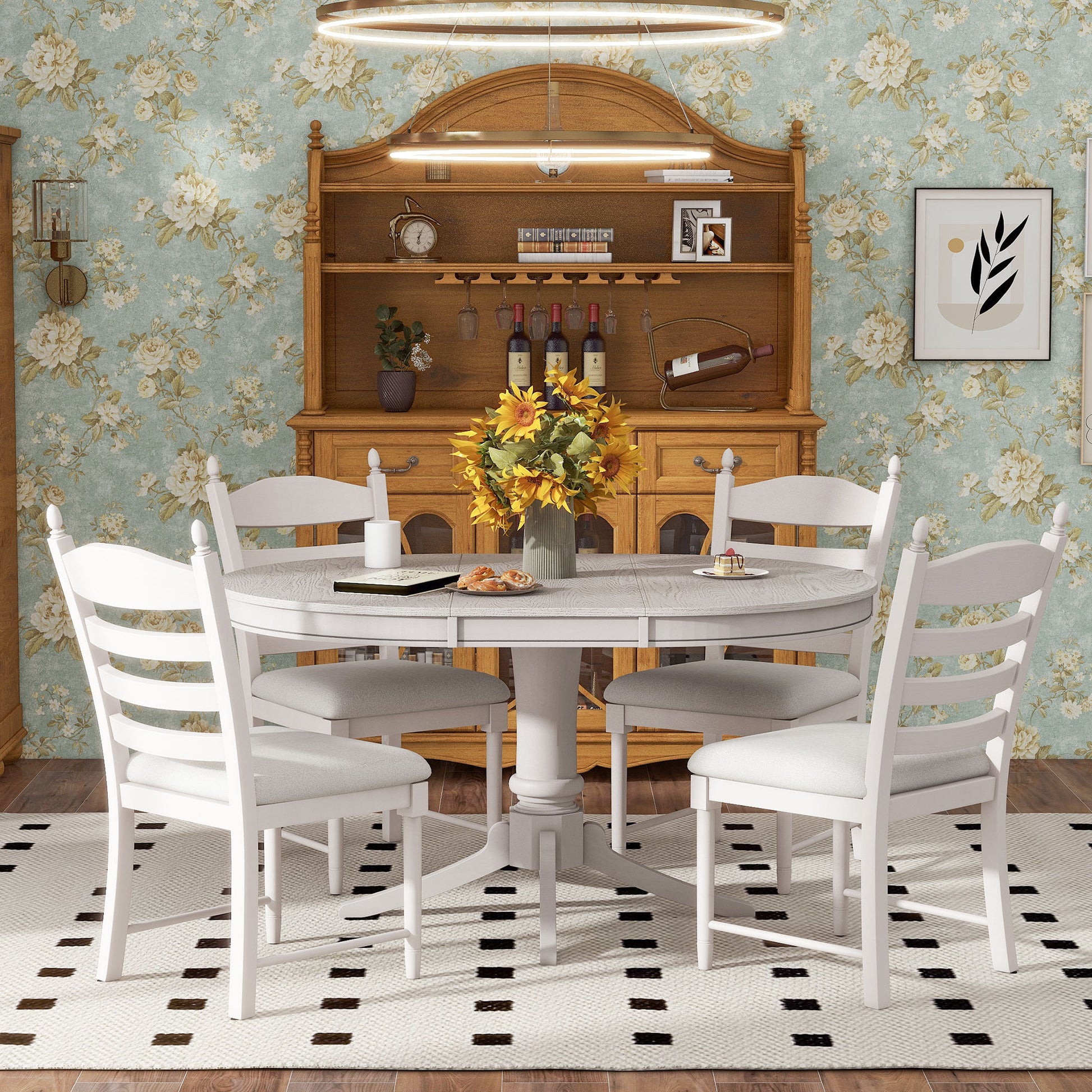 5 Piece Retro Functional Dining Table Set Wood Round Extendable Dining Table And 4 Upholstered Dining Chairs Antique White Antique White Solid Wood