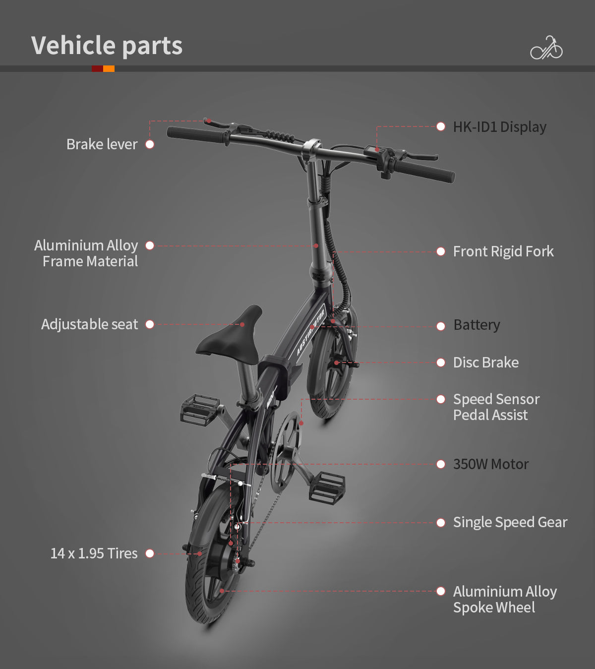 Aostirmotor 14" Electric Bike,350W 7.5Ah 36V E Bike, Lightweight Folding Electric Bicycles For Adult Black Grey Aluminium Alloy