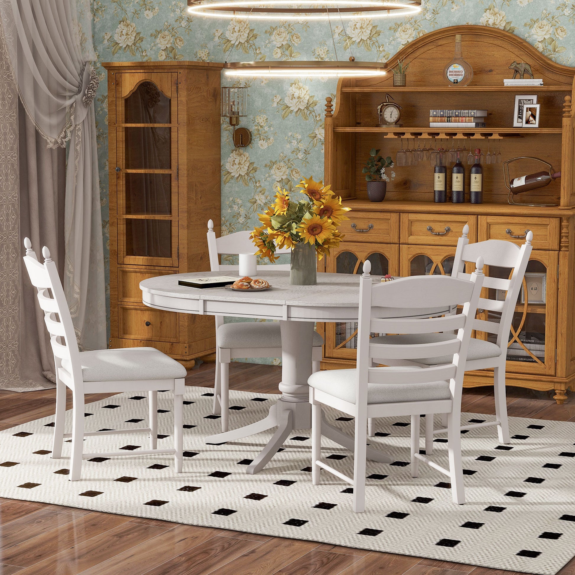 5 Piece Retro Functional Dining Table Set Wood Round Extendable Dining Table And 4 Upholstered Dining Chairs Antique White Antique White Solid Wood