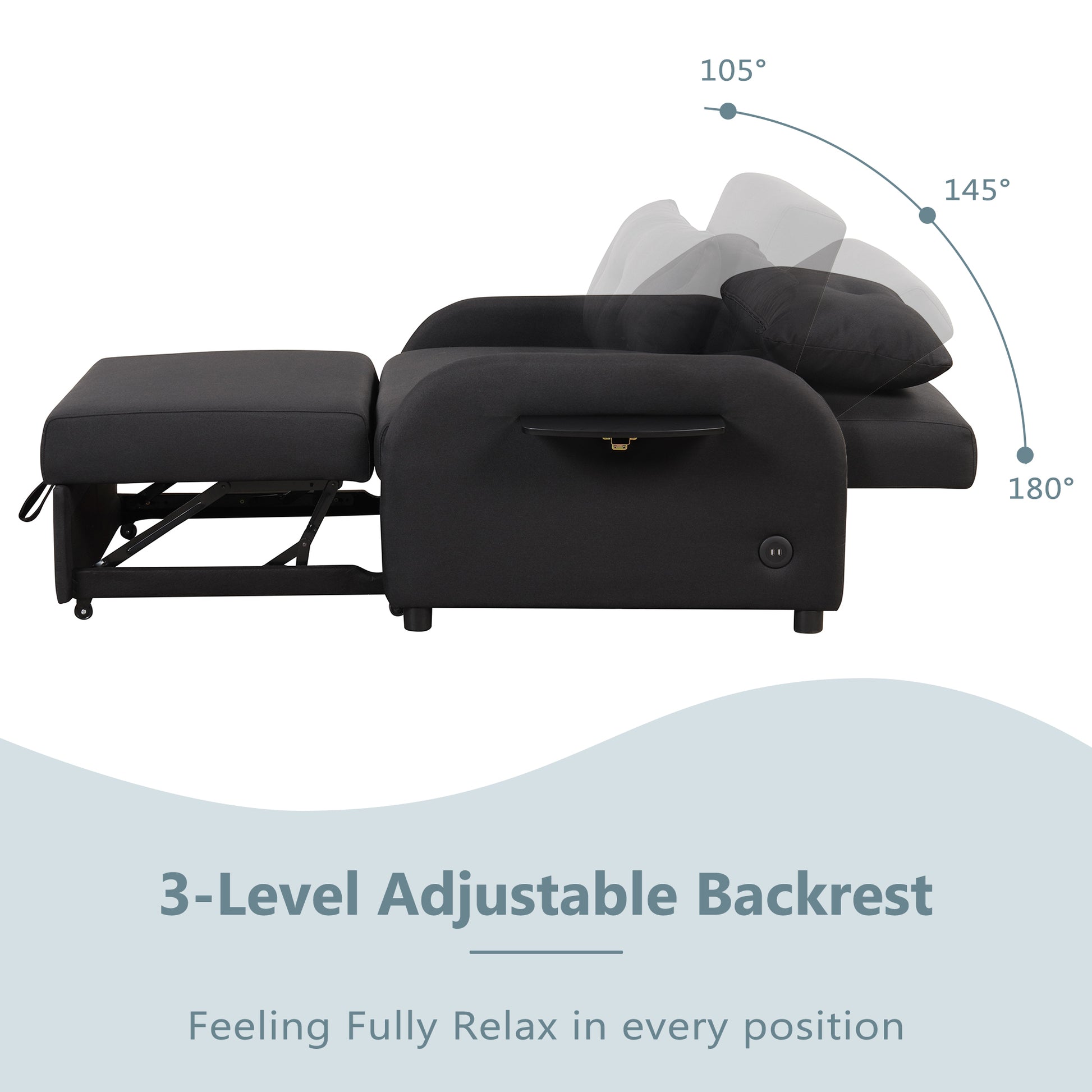 Pull Out Sofa Sleeper 3 In 1 With 2 Wing Table And Usb Charge For Nap Line Fabric For Living Room Recreation Room Black Black Foam Linen