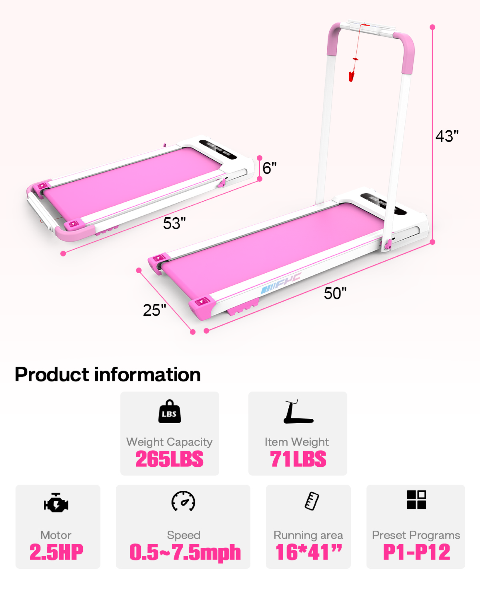 FYC 2 in 1 Under Desk Treadmill 3.5 HP Folding pink-steel