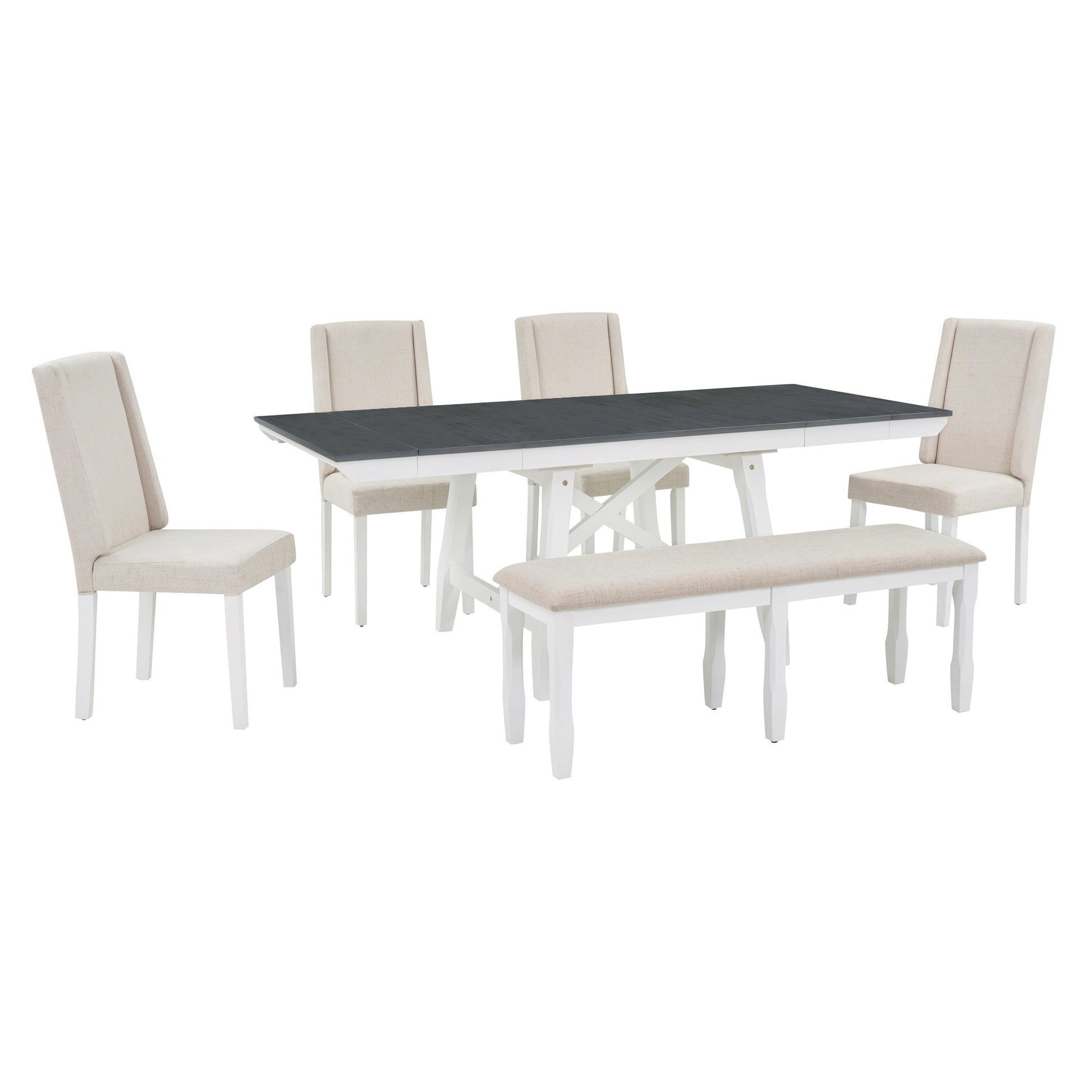 6 Piece Classic Dining Table Set, Rectangular Extendable Dining Table With Two 12"W Removable Leaves And 4 Upholstered Chairs & 1 Bench For Dining Room Gray White White Gray Solid Wood