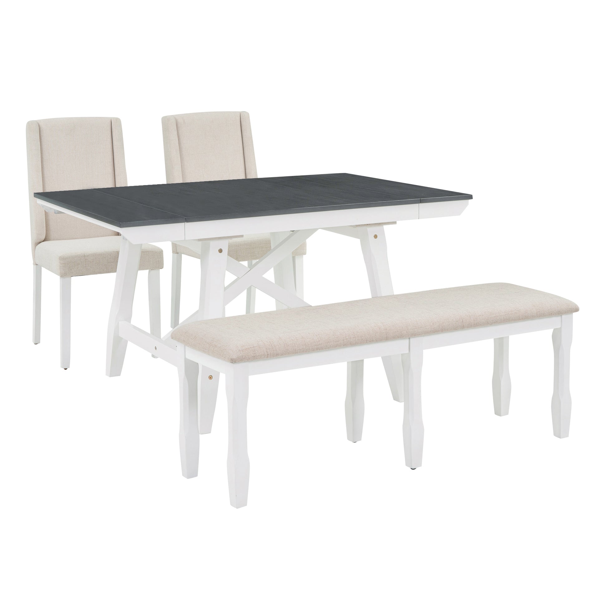 6 Piece Classic Dining Table Set, Rectangular Extendable Dining Table With Two 12"W Removable Leaves And 4 Upholstered Chairs & 1 Bench For Dining Room Gray White White Gray Solid Wood