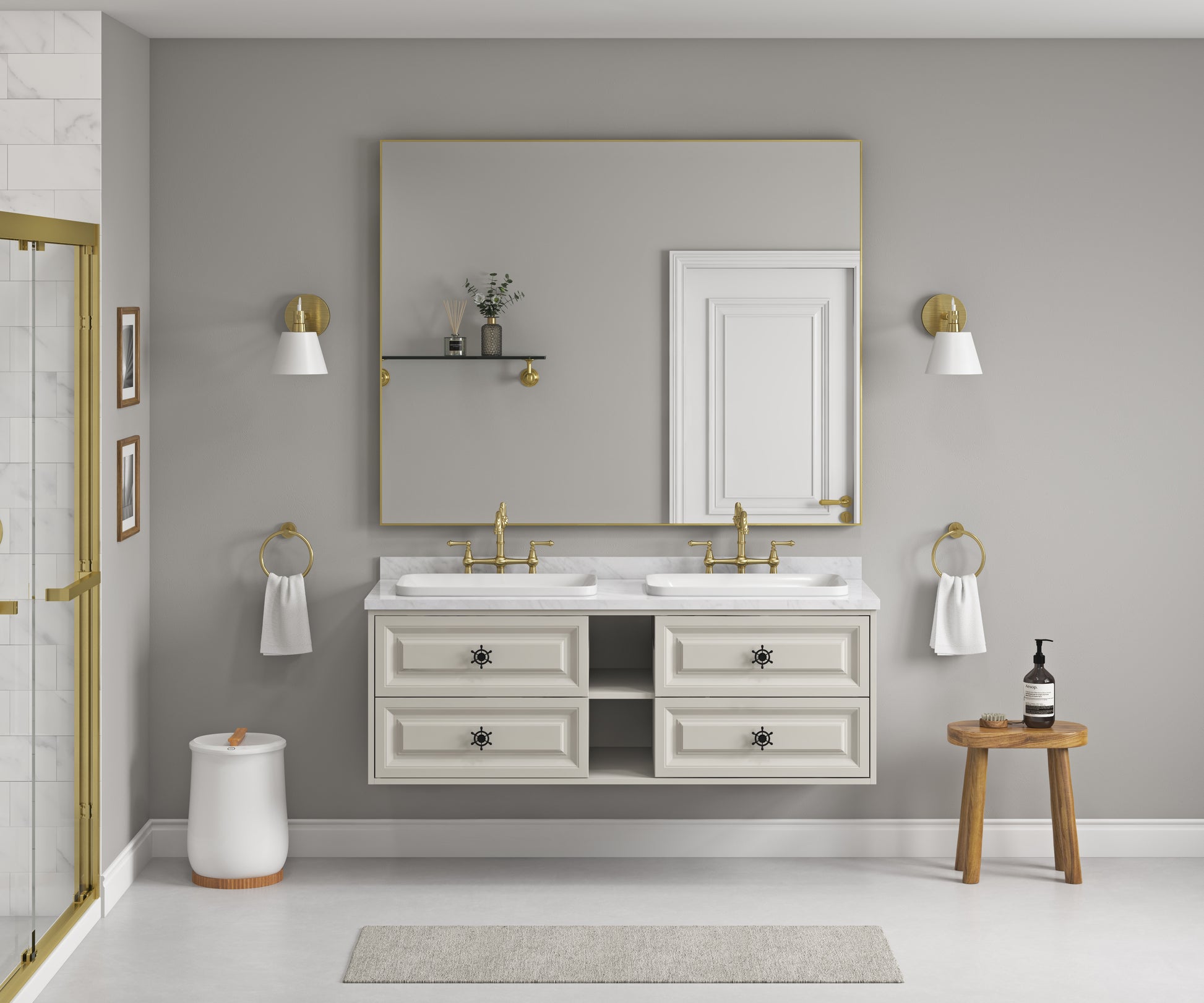 60*23*21In Wall Hung Doulble Sink Bath Vanity Cabinet Only In Bathroom Vanities Without Tops Khaki Abs Steel Q235 Wood Pvc