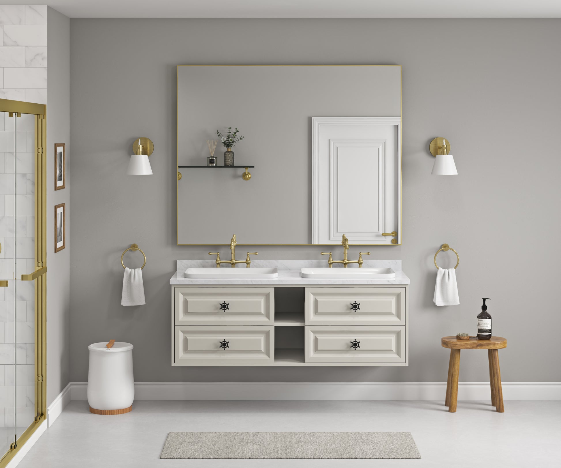 60*23*21in Wall Hung Doulble Sink Bath Vanity Cabinet khaki-abs+steel(q235)+wood+pvc