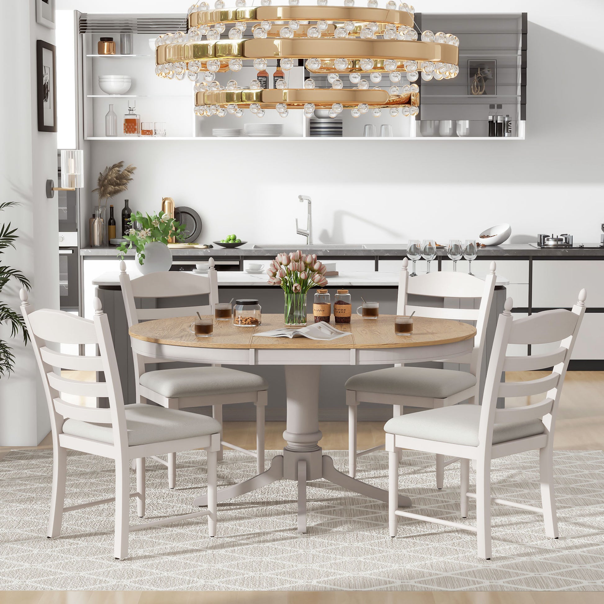 5 Piece Retro Functional Dining Table Set Wood Round Extendable Dining Table And 4 Upholstered Dining Chairs Off White Off White Solid Wood