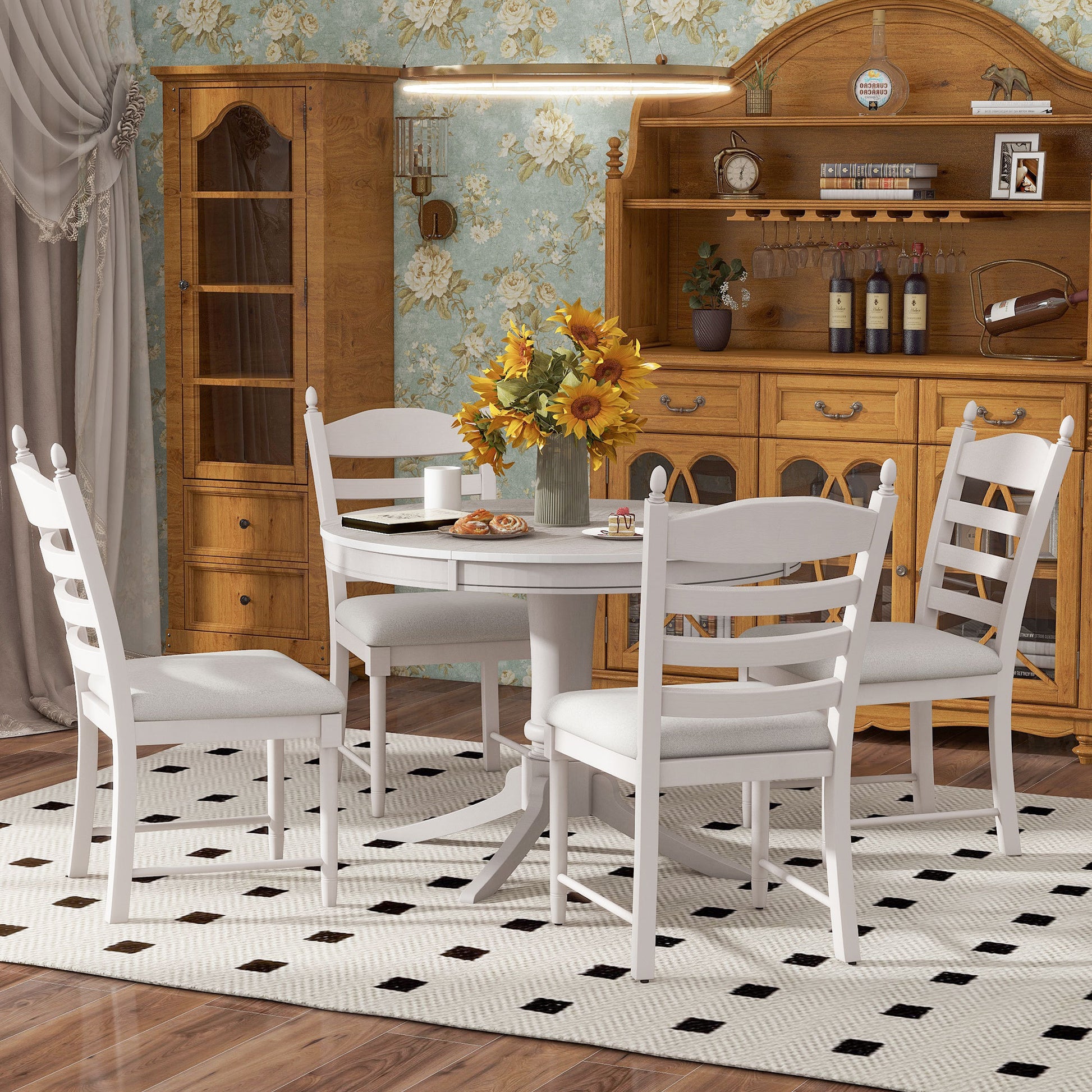 5 Piece Retro Functional Dining Table Set Wood Round Extendable Dining Table And 4 Upholstered Dining Chairs Antique White Antique White Solid Wood