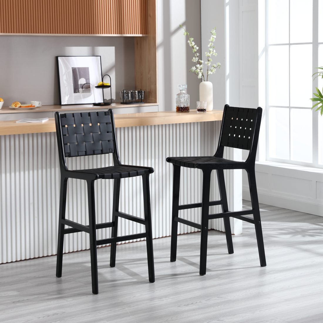 Hengming Saddle Leather Woven Bar Chair With Solid Wood Legs, Suitable For Living Room, Kitchen And Other Leisure Areas Black Pvc