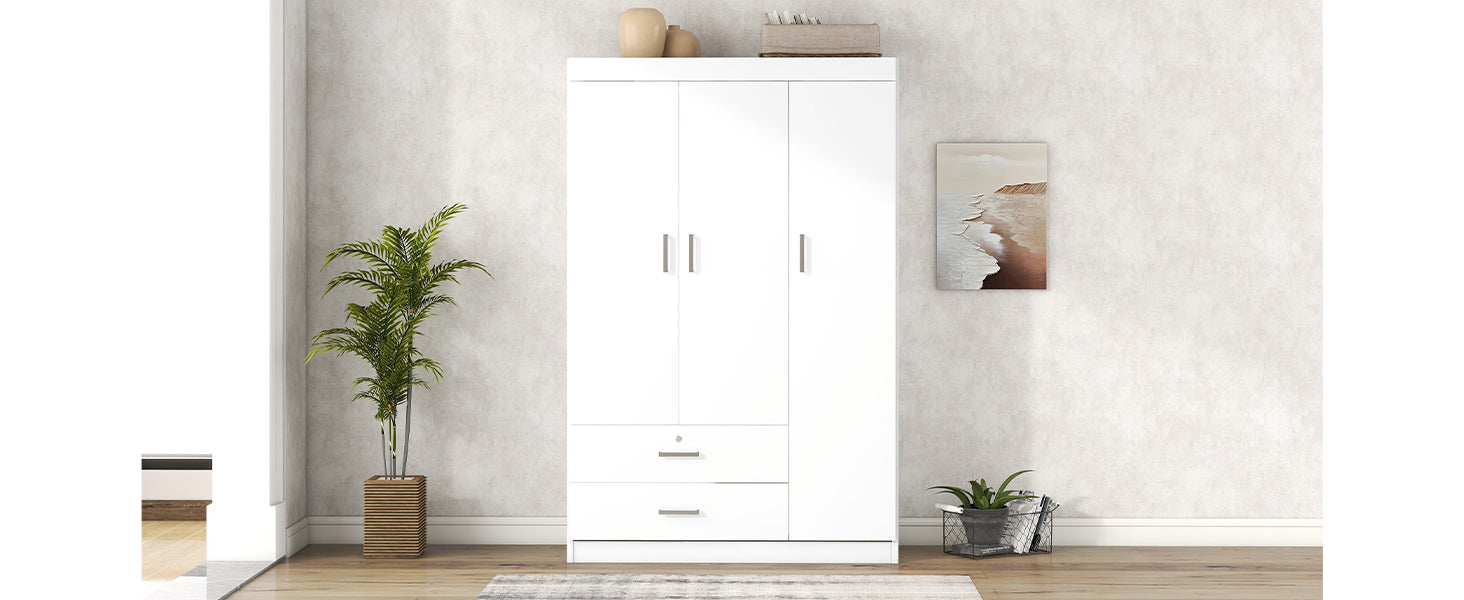 3 Door Wardrobe With 2 Drawers, White Hinged White White Shelf 2 Drawers Bedroom Ball Bearing Glides Contemporary 3 Lockable Mdf