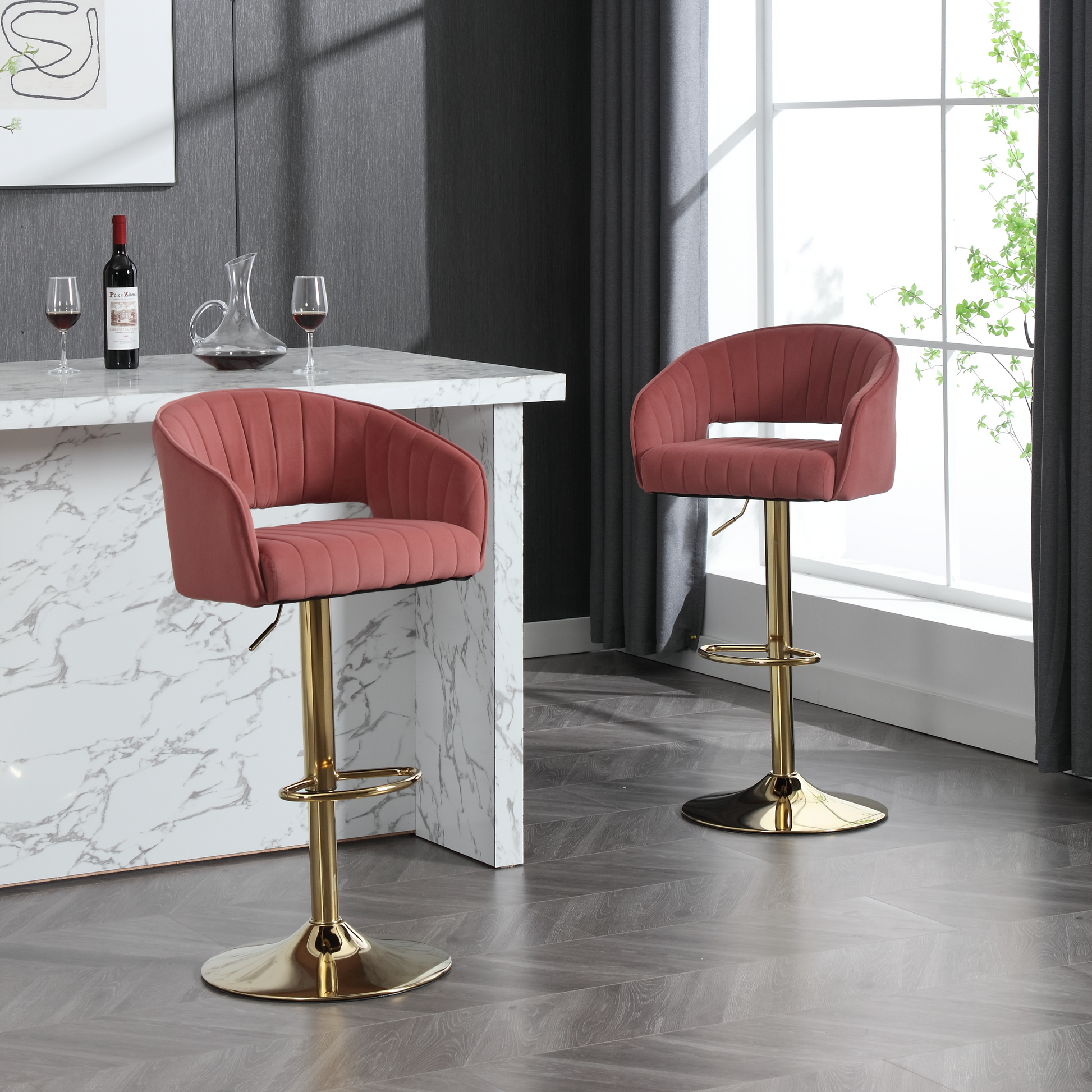 Hengming Modern Velvet Bar Chair, Back Hollowed Out With Armrest, Gold Horn Cross Legged, Height Adjustable Bean Paste Red Foam Velvet