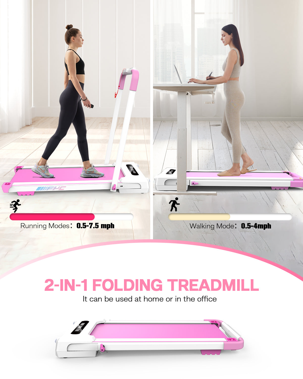FYC 2 in 1 Under Desk Treadmill 3.5 HP Folding pink-steel