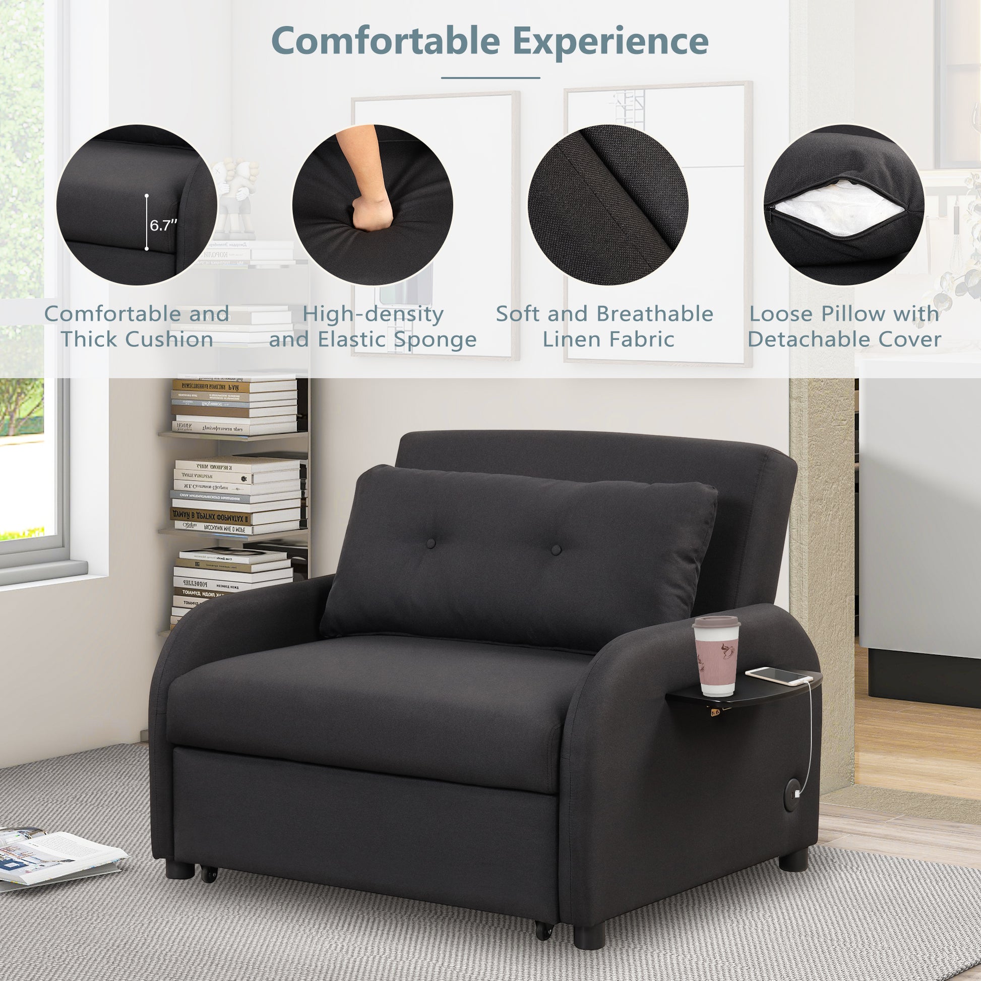 Pull Out Sofa Sleeper 3 In 1 With 2 Wing Table And Usb Charge For Nap Line Fabric For Living Room Recreation Room Black Black Foam Linen