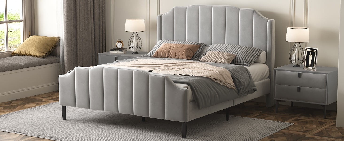 Queen Size Upholstered Platform Bed With Headboard And Footboard,No Box Spring Needed, Velvet Fabric,Gray Gray Velvet