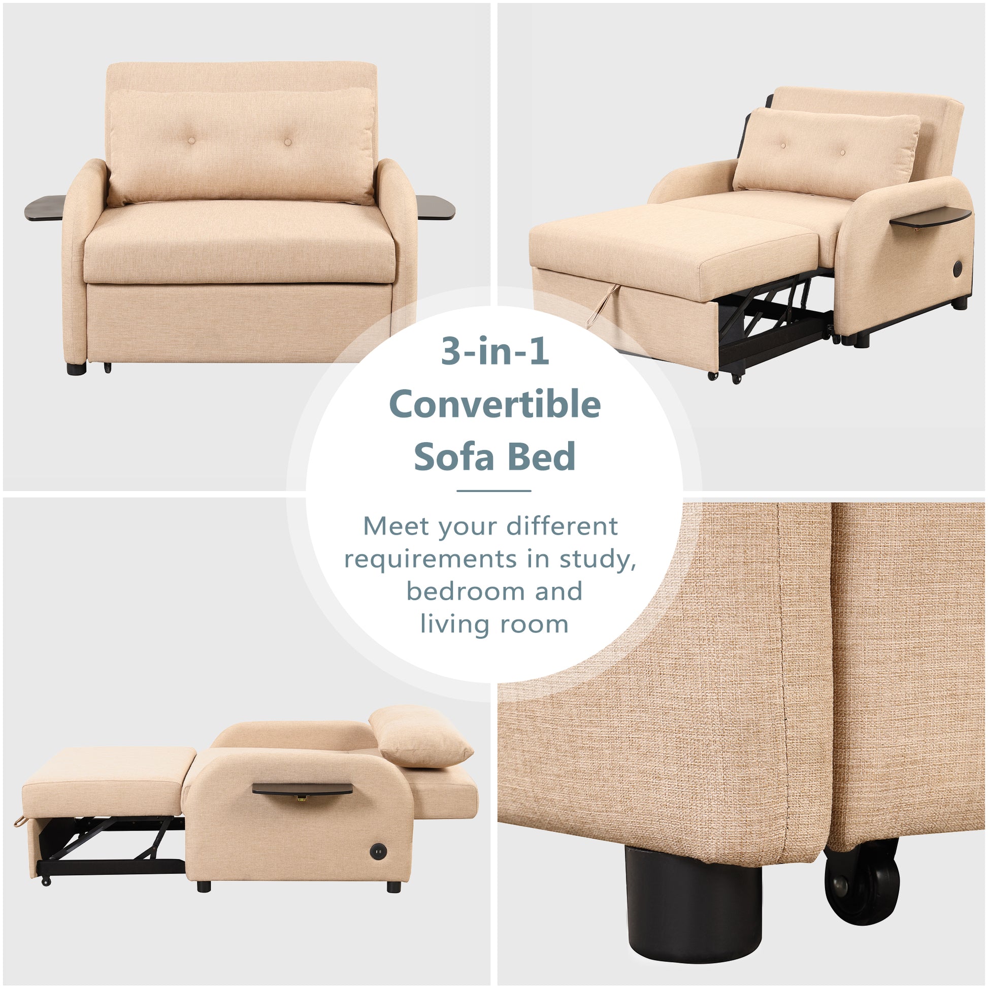 Pull Out Sofa Sleeper 3 In 1 With 2 Wing Table And Usb Charge For Nap Line Fabric For Living Room Recreation Room Beige Beige Foam Linen