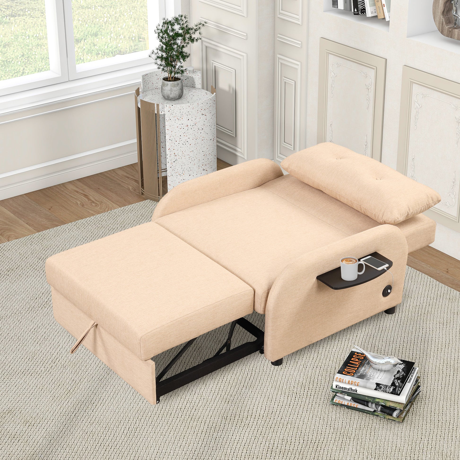 Pull Out Sofa Sleeper 3 In 1 With 2 Wing Table And Usb Charge For Nap Line Fabric For Living Room Recreation Room Beige Beige Foam Linen