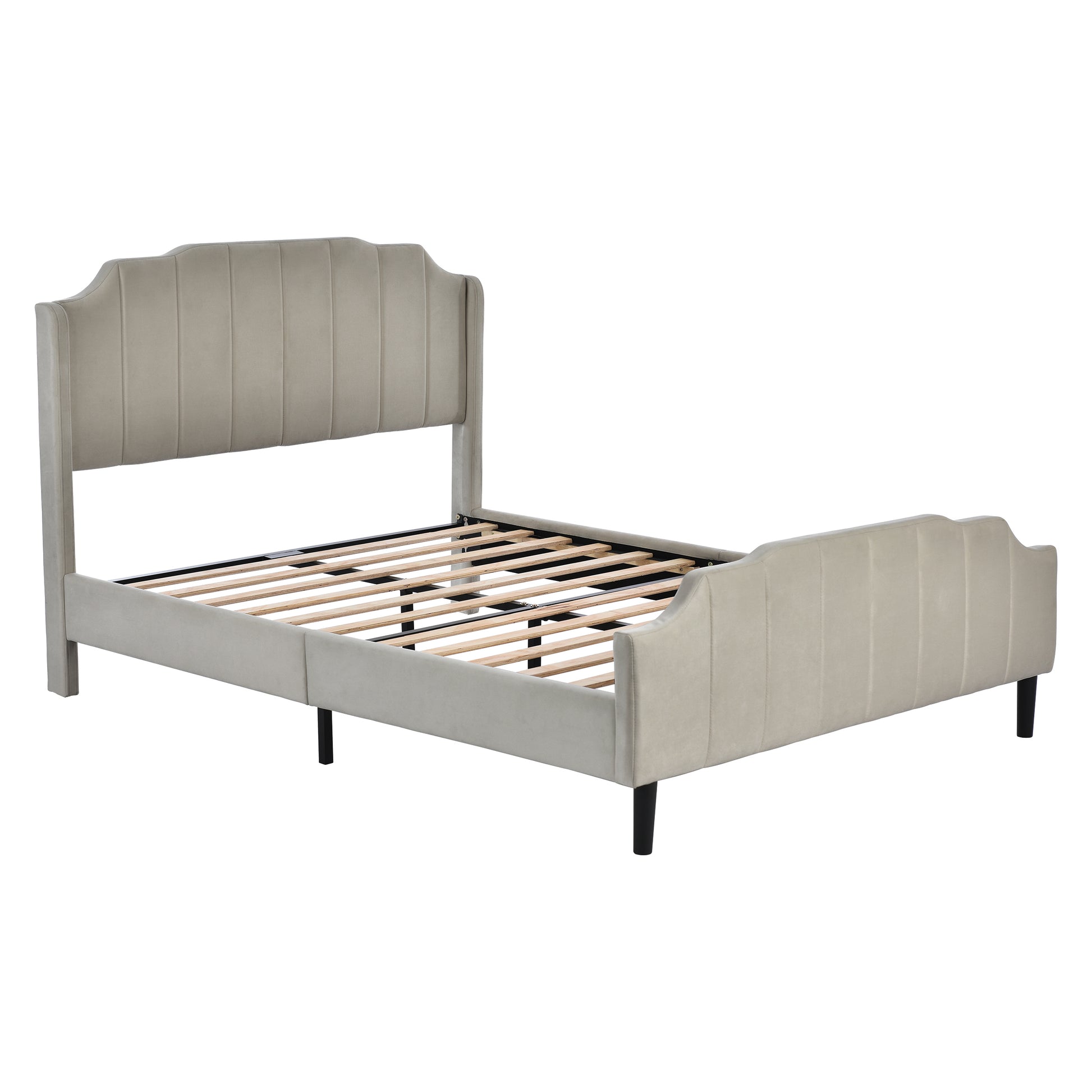 Queen Size Upholstered Platform Bed With Headboard And Footboard,No Box Spring Needed, Velvet Fabric,Gray Gray Velvet