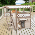 Feral Cat House Outdoor Indoor Kitty Houses With Durable Pvc Roof, Escape Door,Curtain And Stair,2 Story Design Perfect For Multi Cats Cream Solid Wood