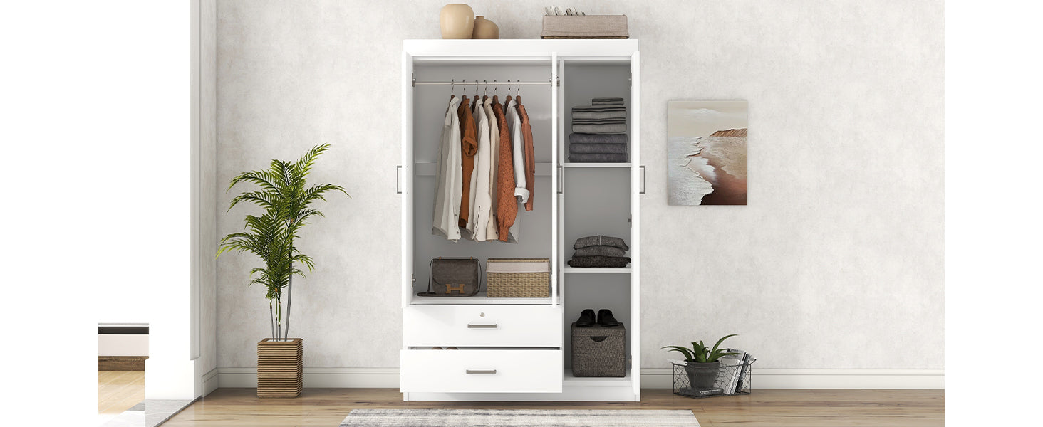 3 Door Wardrobe With 2 Drawers, White Hinged White White Shelf 2 Drawers Bedroom Ball Bearing Glides Contemporary 3 Lockable Mdf