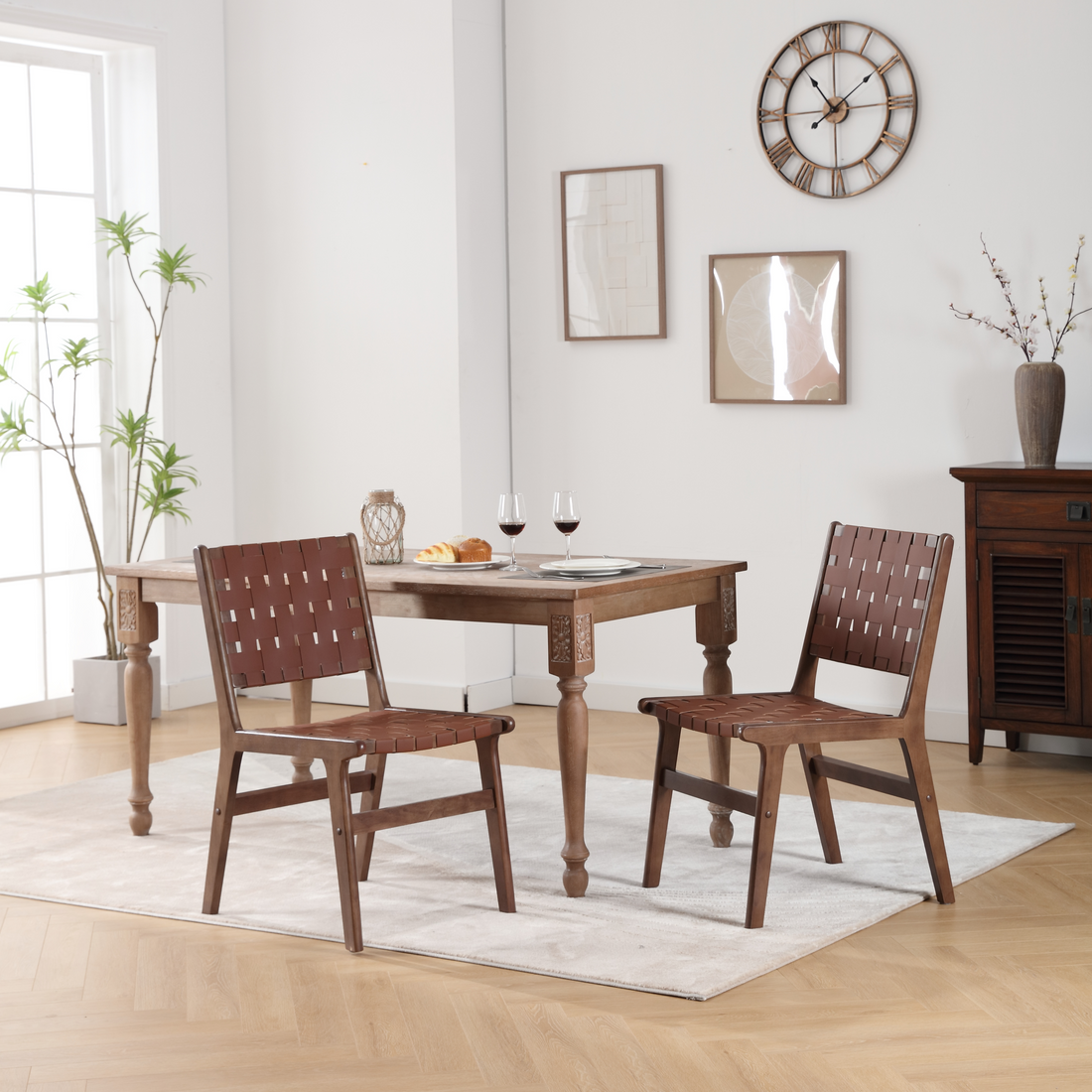 Hengming Saddle Leather Woven Dining Chair, Solid Wood Legs, Suitable For Dining Room And Living Room Brown Pvc