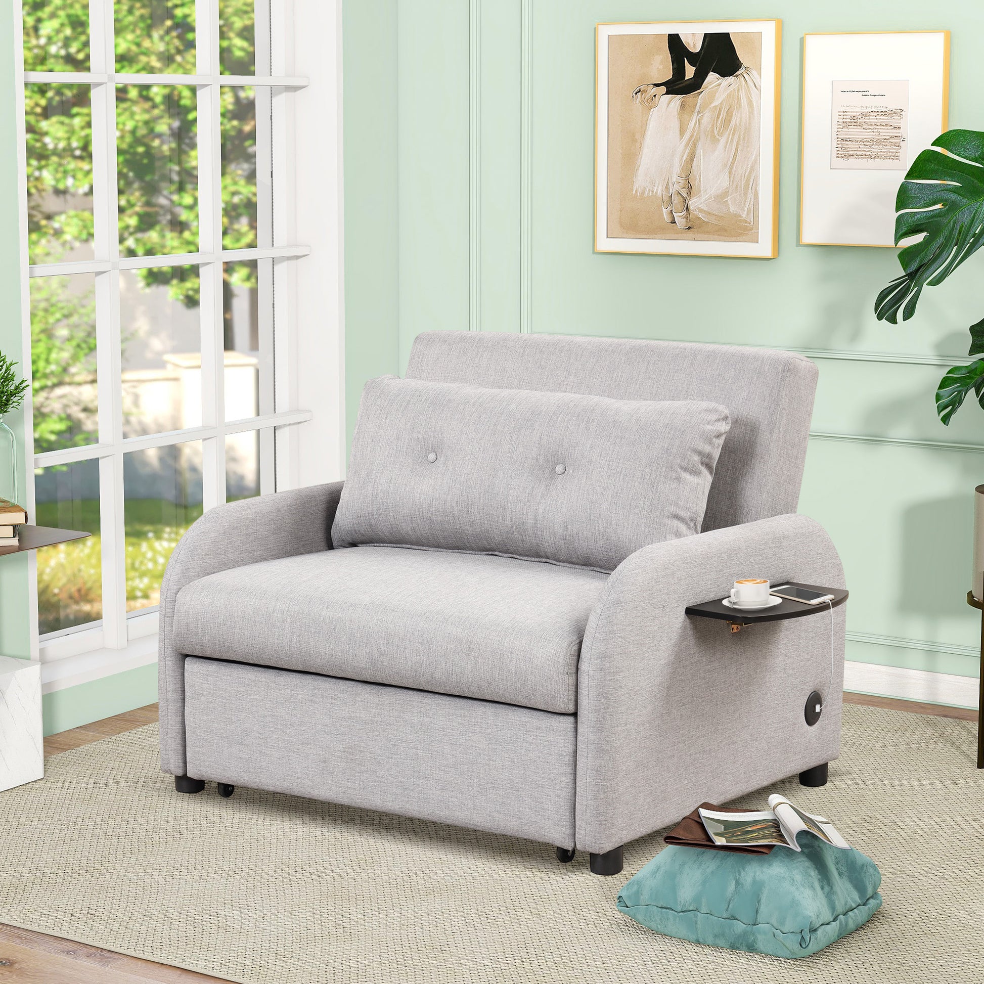 Pull Out Sofa Sleeper 3 In 1 With 2 Wing Table And Usb Charge For Nap Line Fabric For Living Room Recreation Room Grey Gray Foam Linen