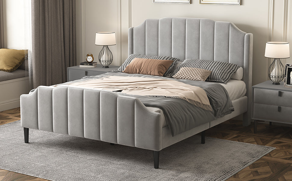 Queen Size Upholstered Platform Bed With Headboard And Footboard,No Box Spring Needed, Velvet Fabric,Gray Gray Velvet