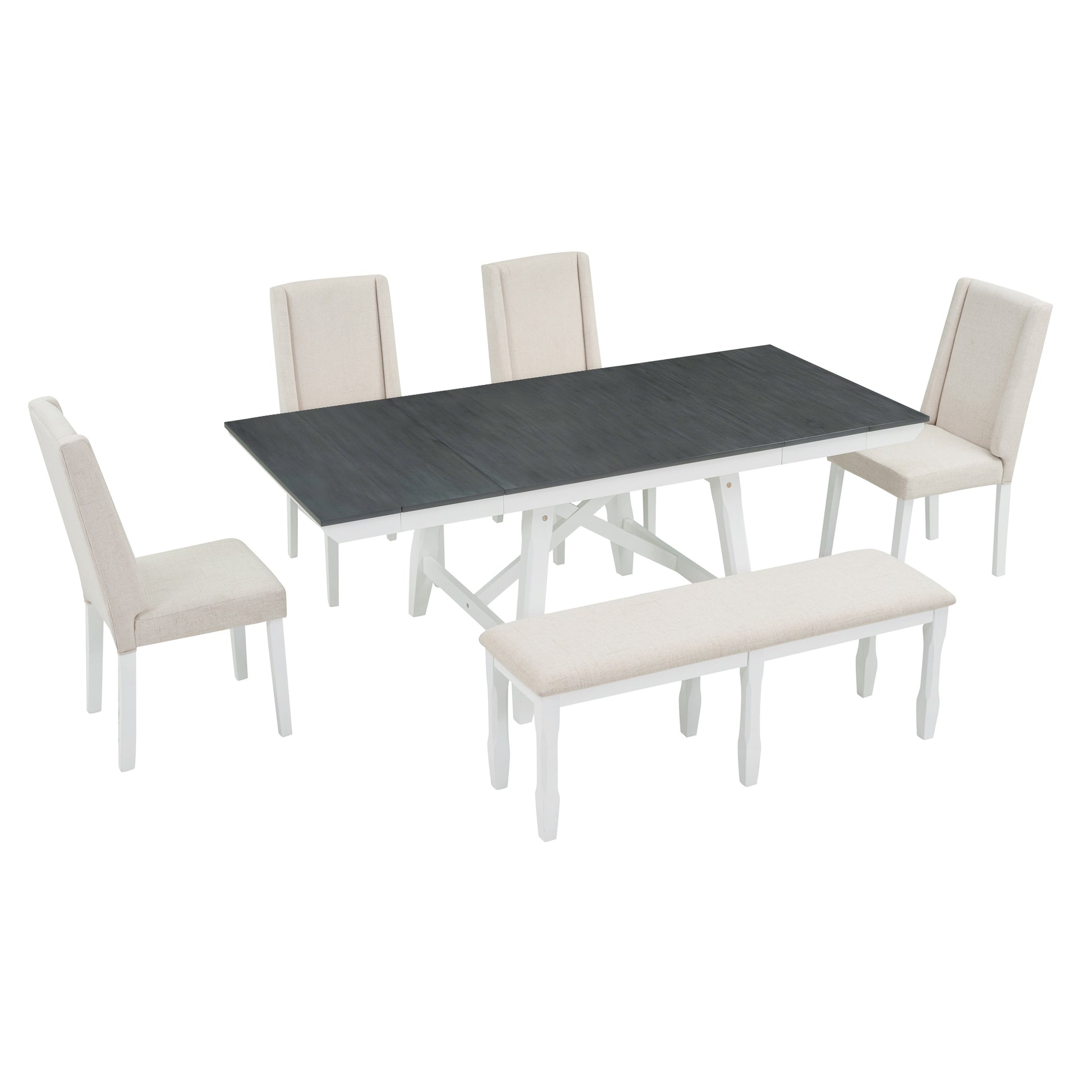 6 Piece Classic Dining Table Set, Rectangular Extendable Dining Table With Two 12"W Removable Leaves And 4 Upholstered Chairs & 1 Bench For Dining Room Gray White White Gray Solid Wood