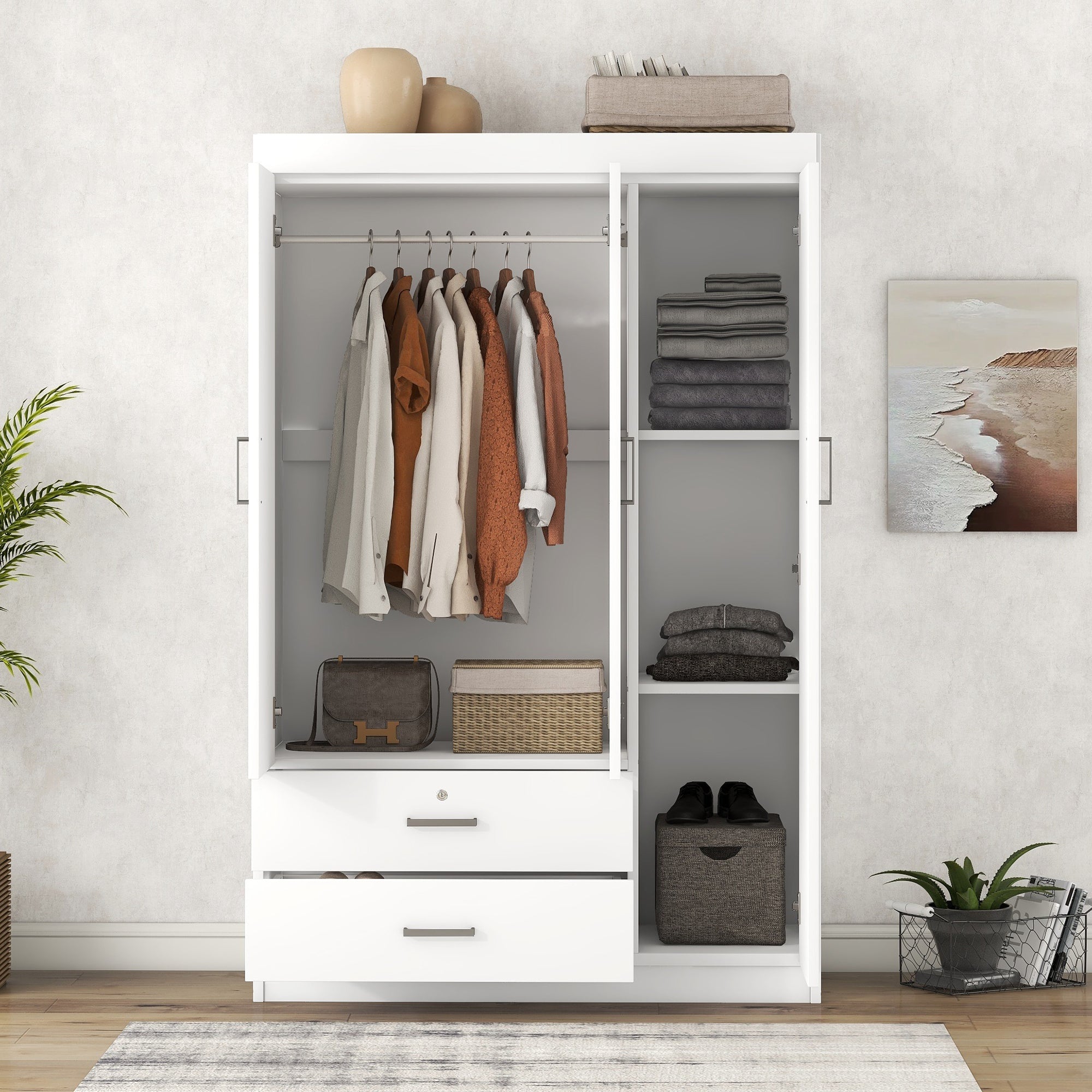 3 Door Wardrobe With 2 Drawers, White Hinged White White Shelf 2 Drawe