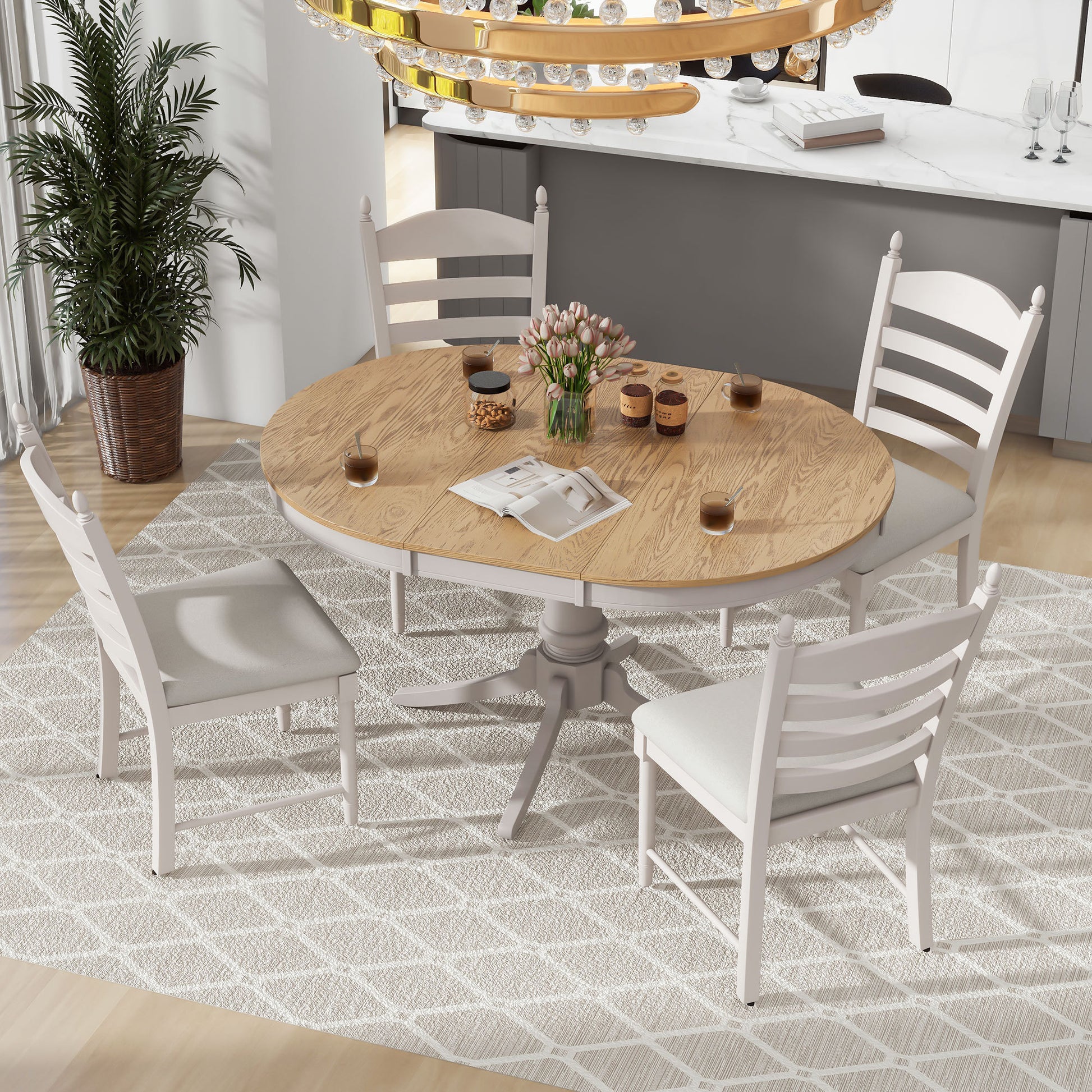 5 Piece Retro Functional Dining Table Set Wood Round Extendable Dining Table And 4 Upholstered Dining Chairs Off White Off White Solid Wood