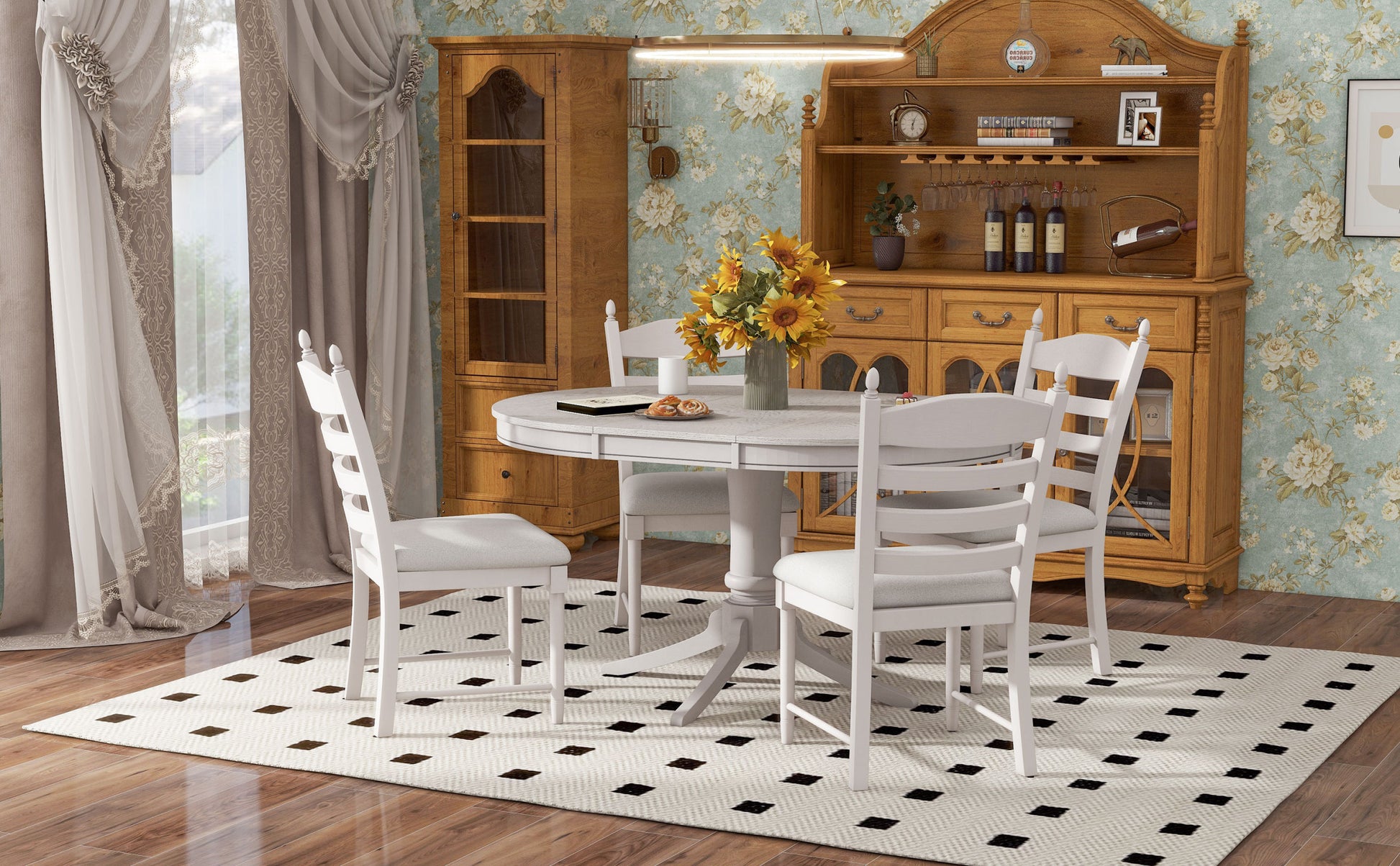 5 Piece Retro Functional Dining Table Set Wood Round Extendable Dining Table And 4 Upholstered Dining Chairs Antique White Antique White Solid Wood