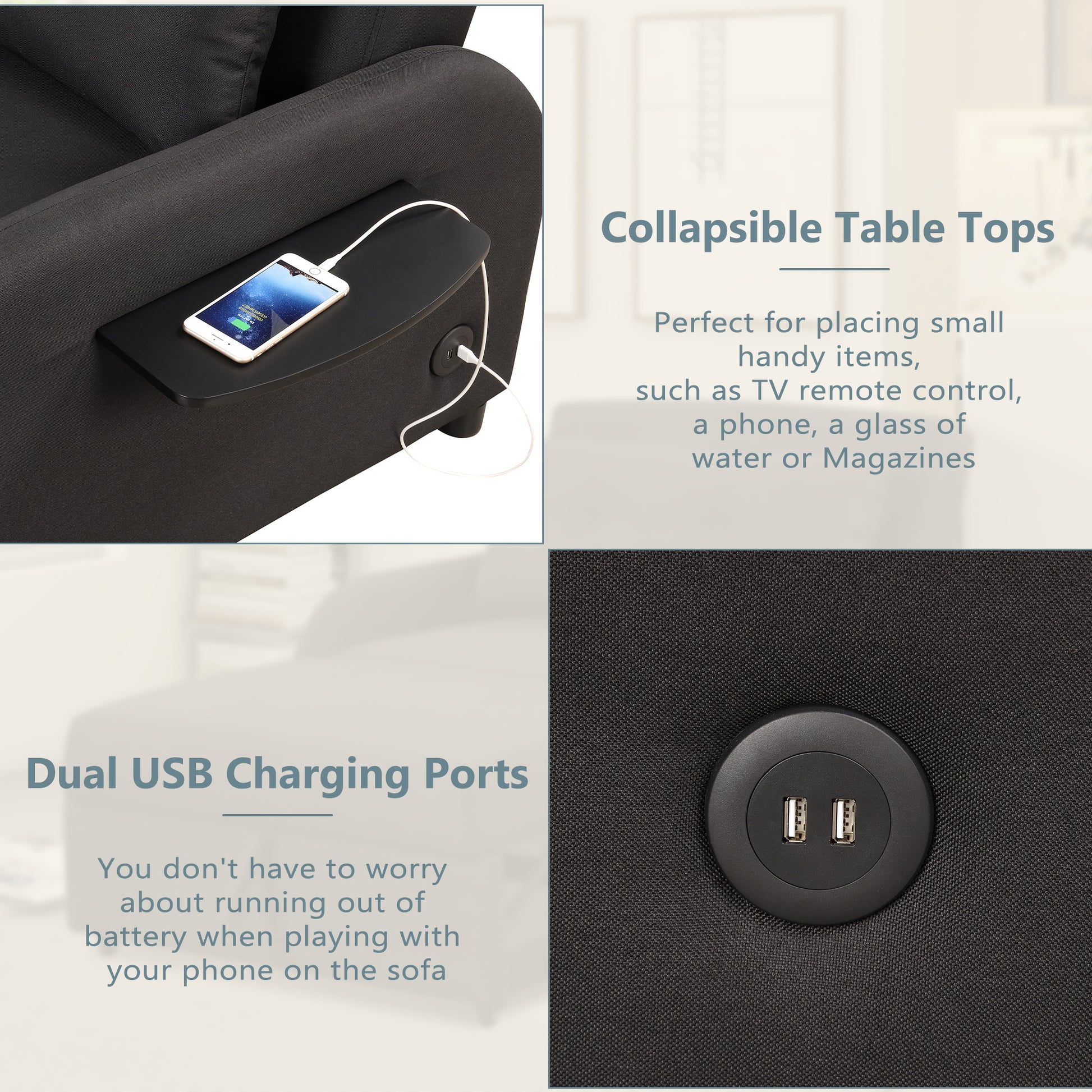 Pull Out Sofa Sleeper 3 In 1 With 2 Wing Table And Usb Charge For Nap Line Fabric For Living Room Recreation Room Black Black Foam Linen