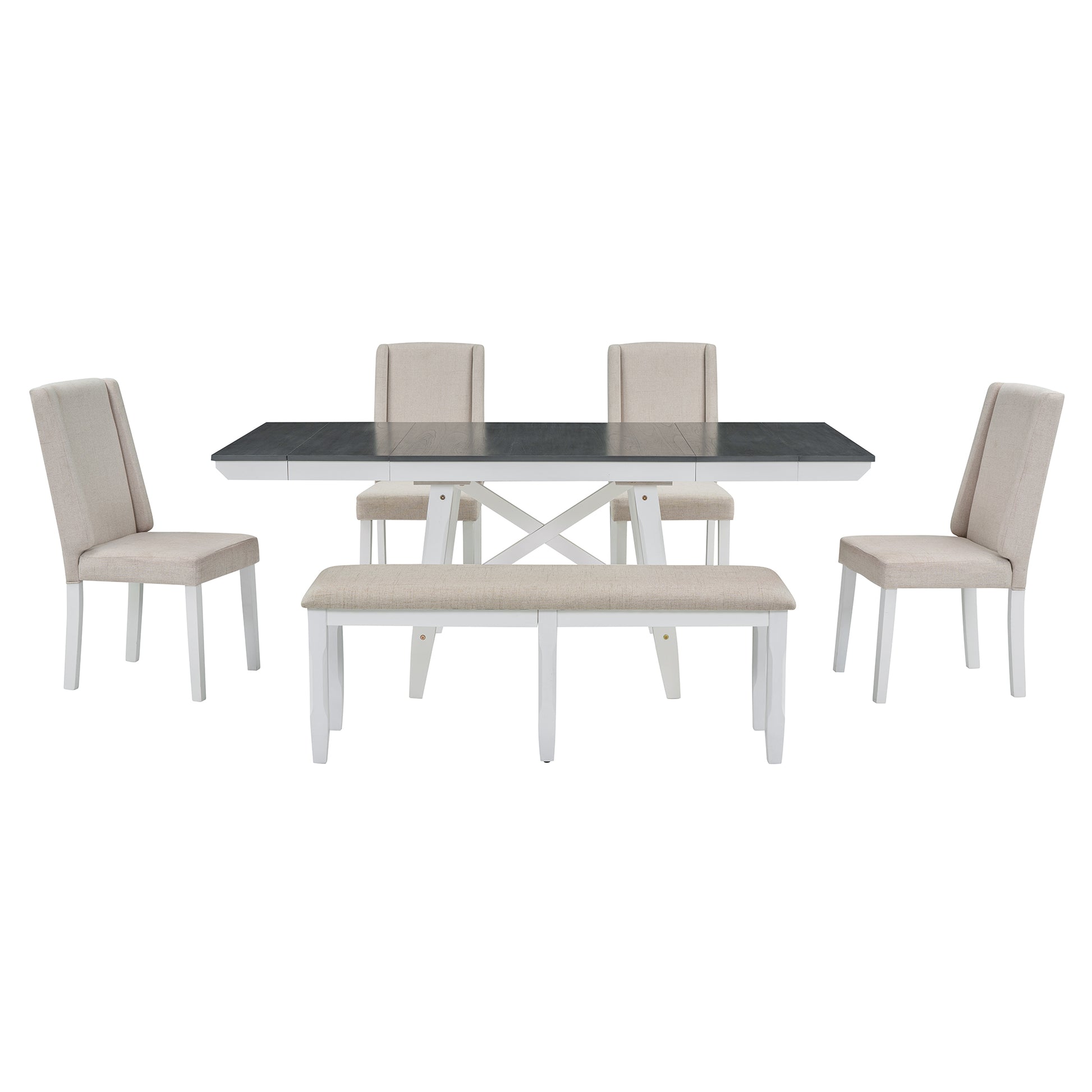 6 Piece Classic Dining Table Set, Rectangular Extendable Dining Table With Two 12"W Removable Leaves And 4 Upholstered Chairs & 1 Bench For Dining Room Gray White White Gray Solid Wood