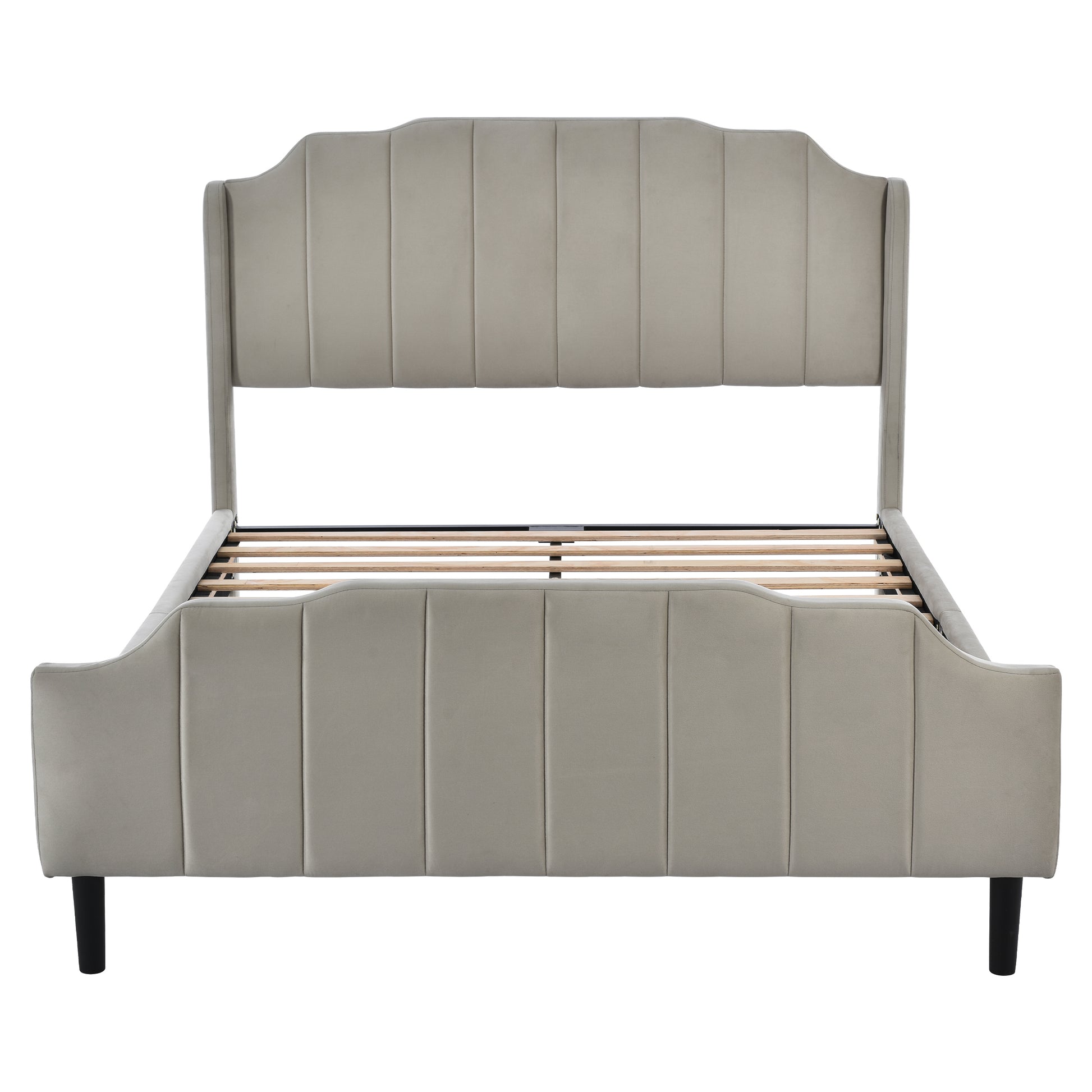 Queen Size Upholstered Platform Bed With Headboard And Footboard,No Box Spring Needed, Velvet Fabric,Gray Gray Velvet