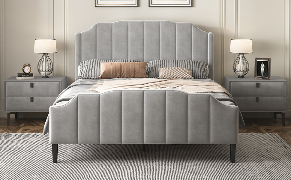 Queen Size Upholstered Platform Bed With Headboard And Footboard,No Box Spring Needed, Velvet Fabric,Gray Gray Velvet