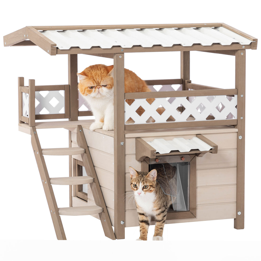 Feral Cat House Outdoor Indoor Kitty Houses With Durable Pvc Roof, Escape Door,Curtain And Stair,2 Story Design Perfect For Multi Cats Cream Solid Wood