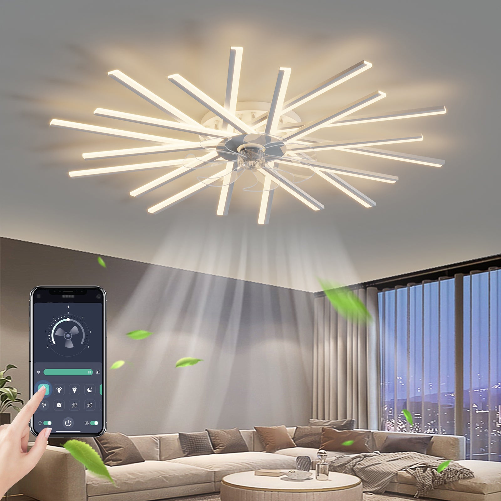 45In Ceiling Fan With Lights Remote Contro Dimmable Led,6 Gear Wind Speed Fan Light White Modern Acrylic